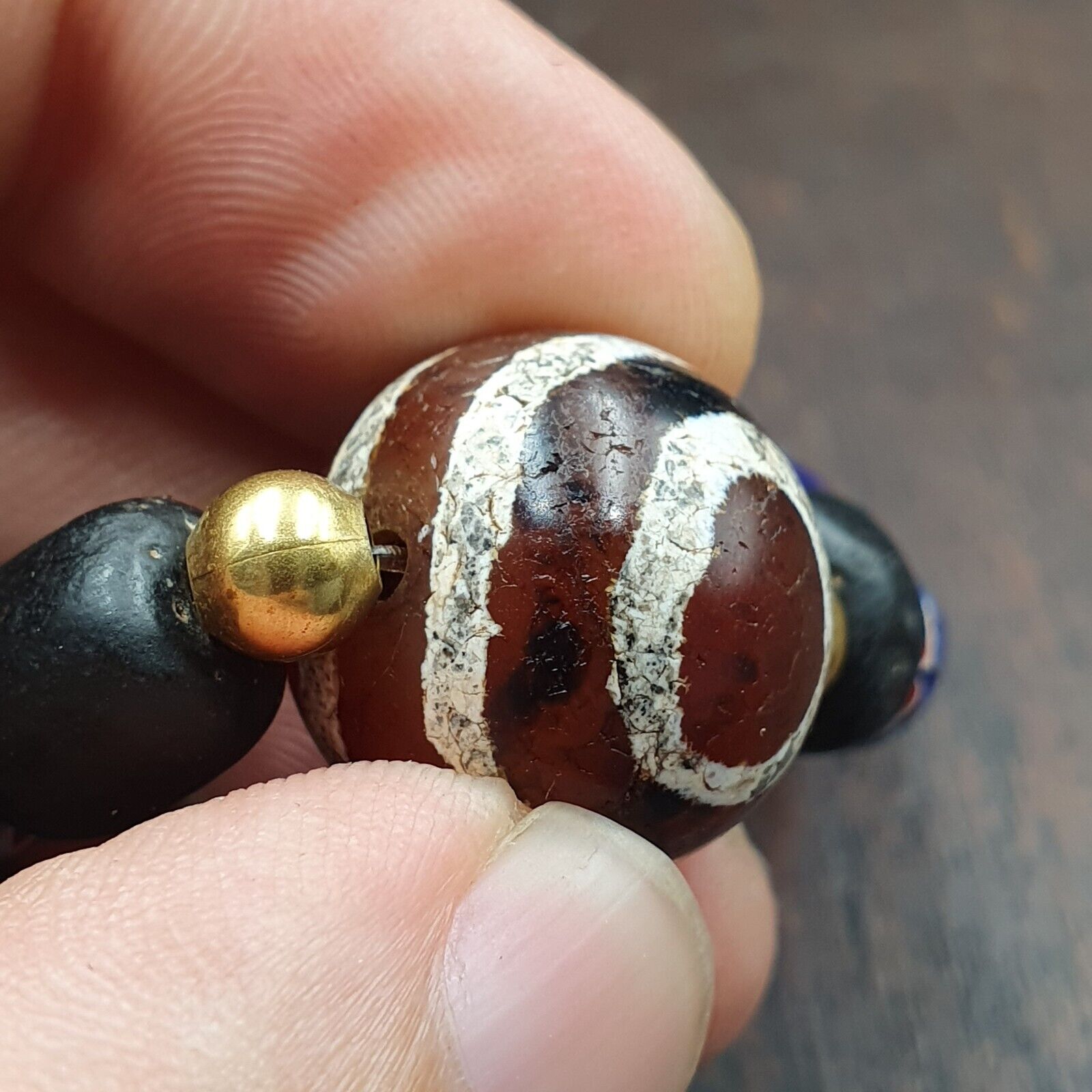 Antique Tibetan Etched Agate Bead with Chevron Beaded Bracelet