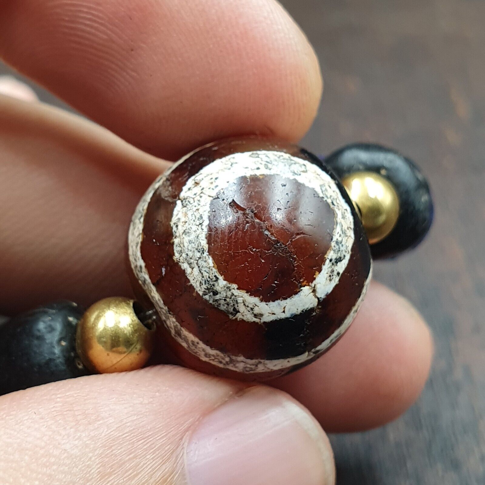 Antique Tibetan Etched Agate Bead with Chevron Beaded Bracelet