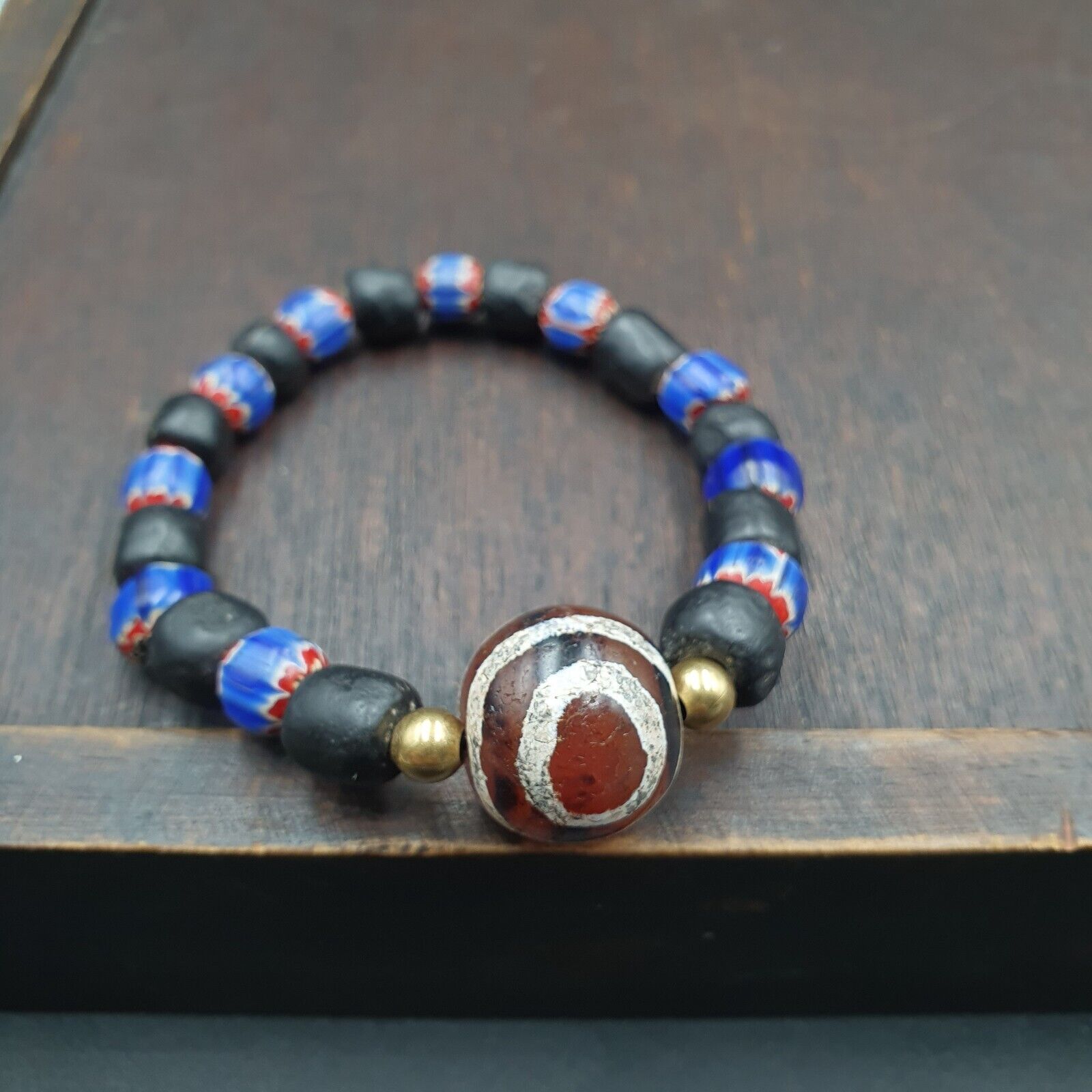 Antique Tibetan Etched Agate Bead with Chevron Beaded Bracelet