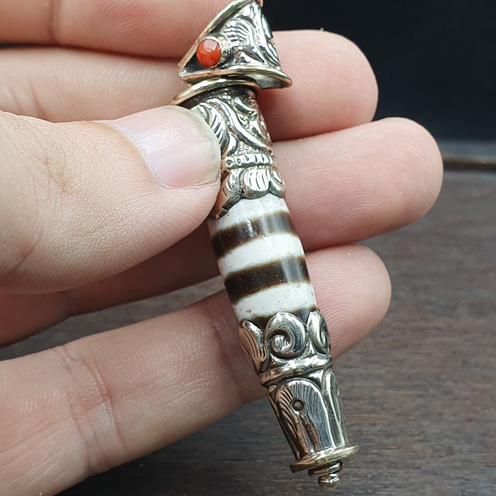 Rare 3 Stripes Tibetan Nepalese Agate bead dzi pendant Necklace TBN-2L