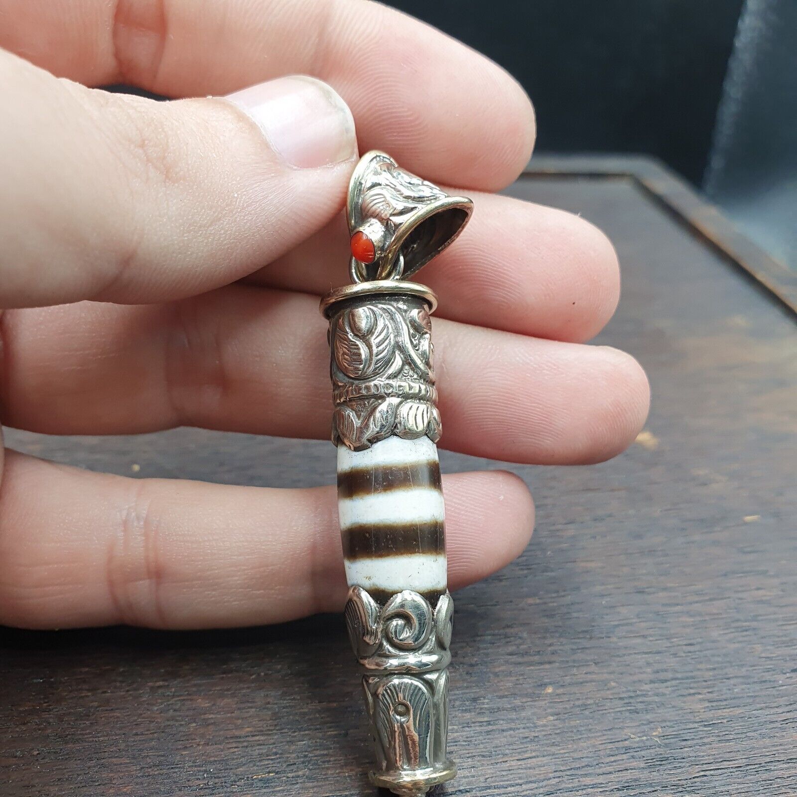 Rare 3 Stripes Tibetan Nepalese Agate bead dzi pendant Necklace TBN-2L