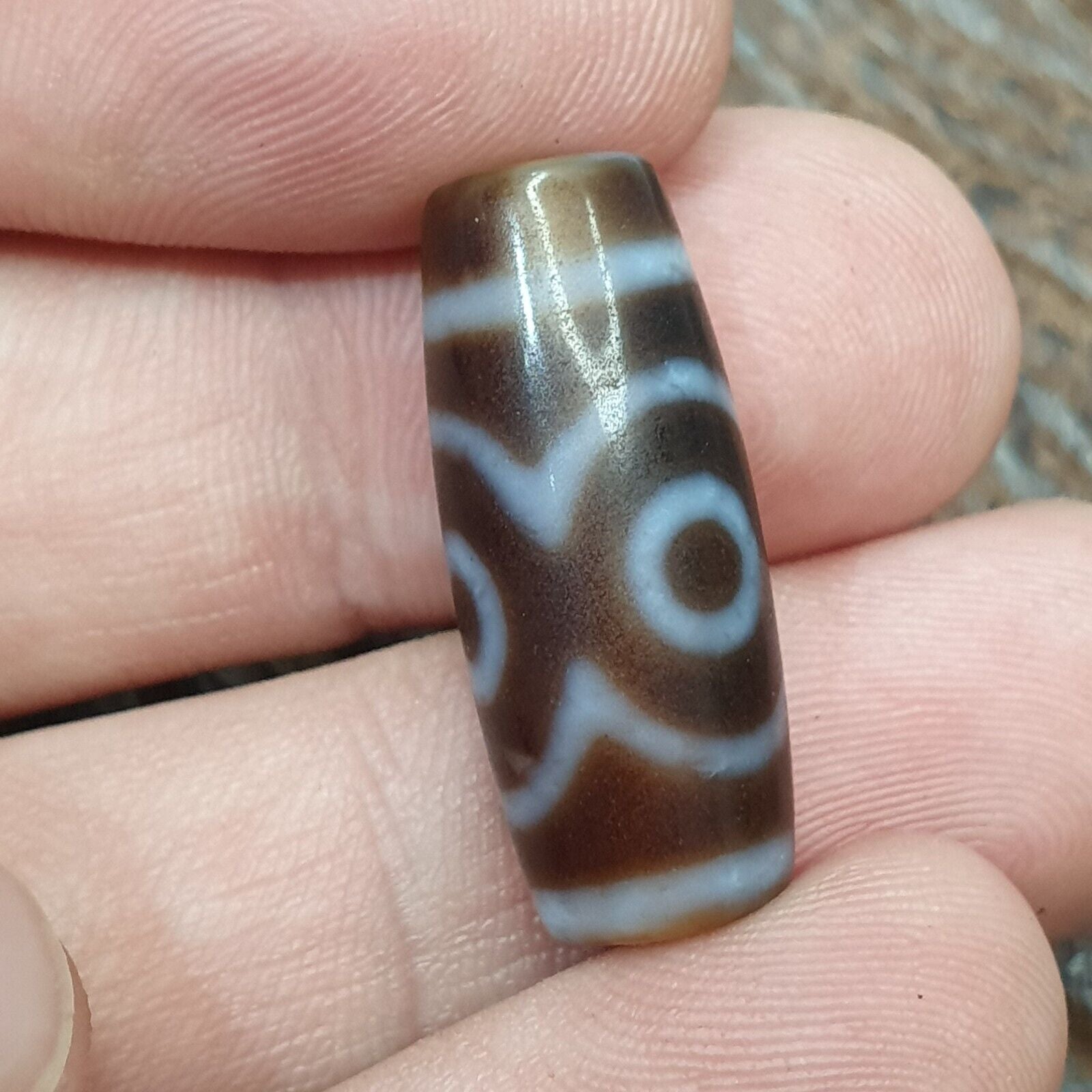 Vintage Old Tibetan 3 eyes in eye Dzi Bead Amulet  circle Eyes