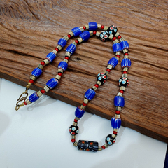 Vintage Venetian Style Trade Skunk Blue Chevron and jade Beads Strand H-9B