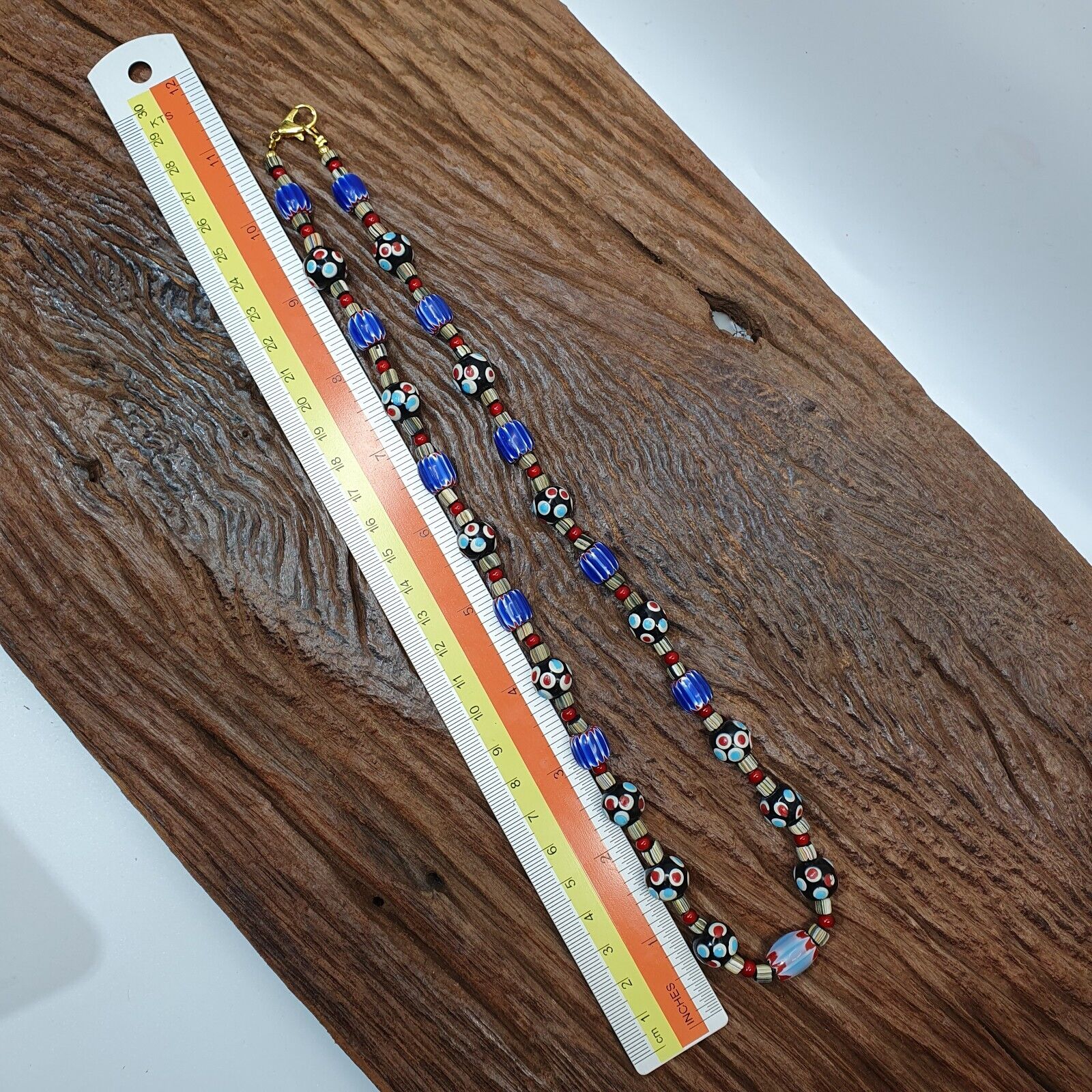 Vintage Venetian Style Trade Skunk Blue Chevron whiteheart Beads Strand