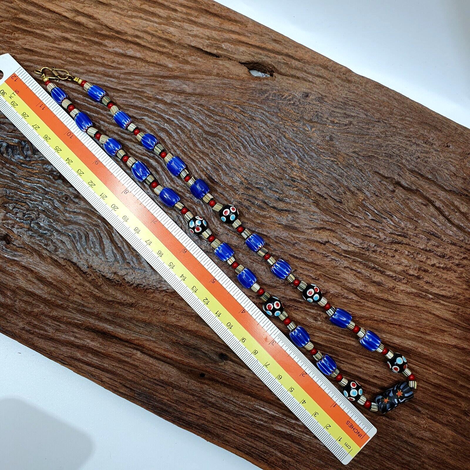 Vintage Venetian Style Trade Skunk Blue Chevron and jade Beads Strand H-9B