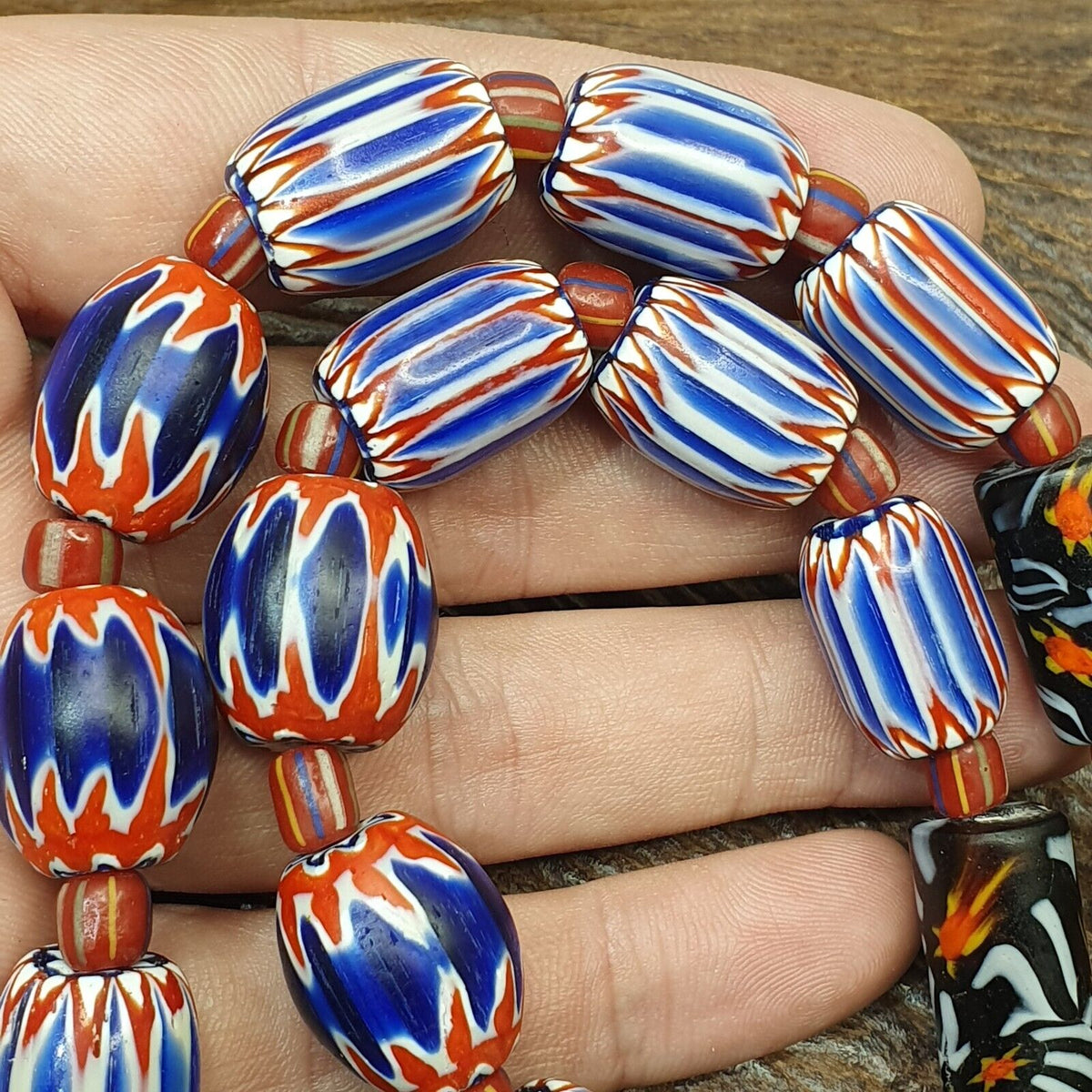 Antique Venetian inspired Trade African Blue Glass Chevron Beads Strand NCH-1B