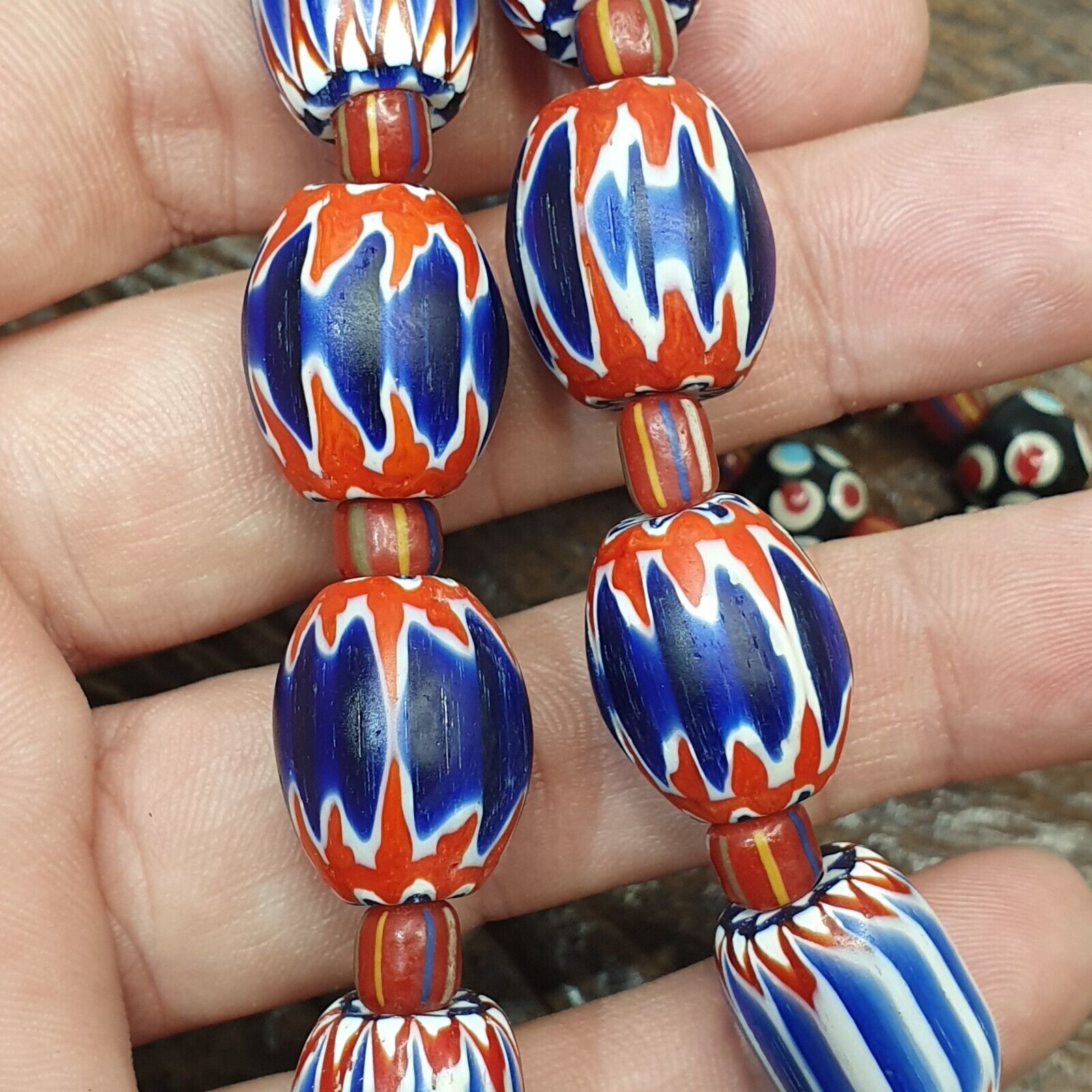 Antique Venetian inspired Trade African Blue Glass Chevron Beads Strand NCH-1B