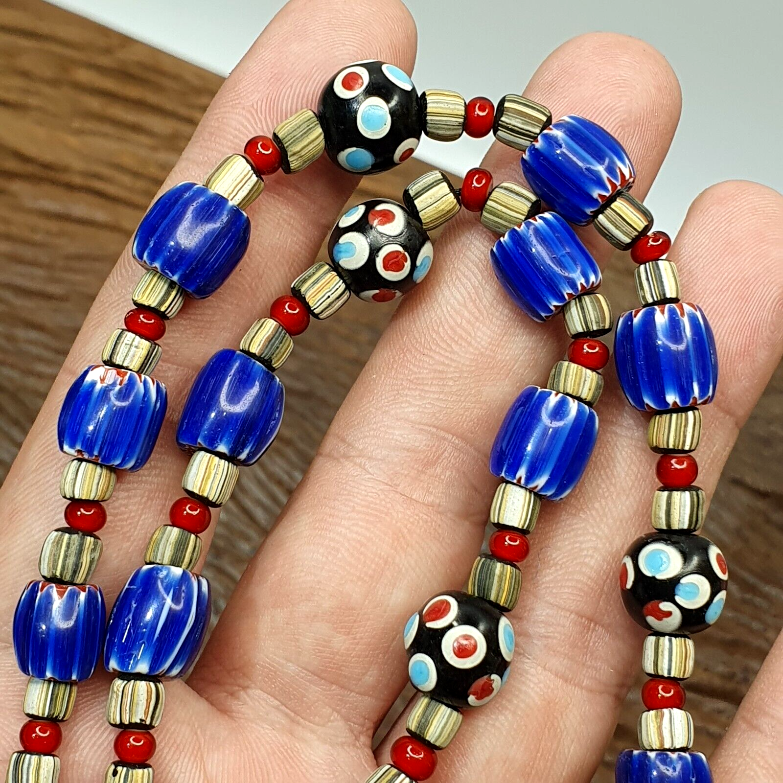 Vintage Venetian Style Trade Skunk Blue Chevron and jade Beads Strand H-9B