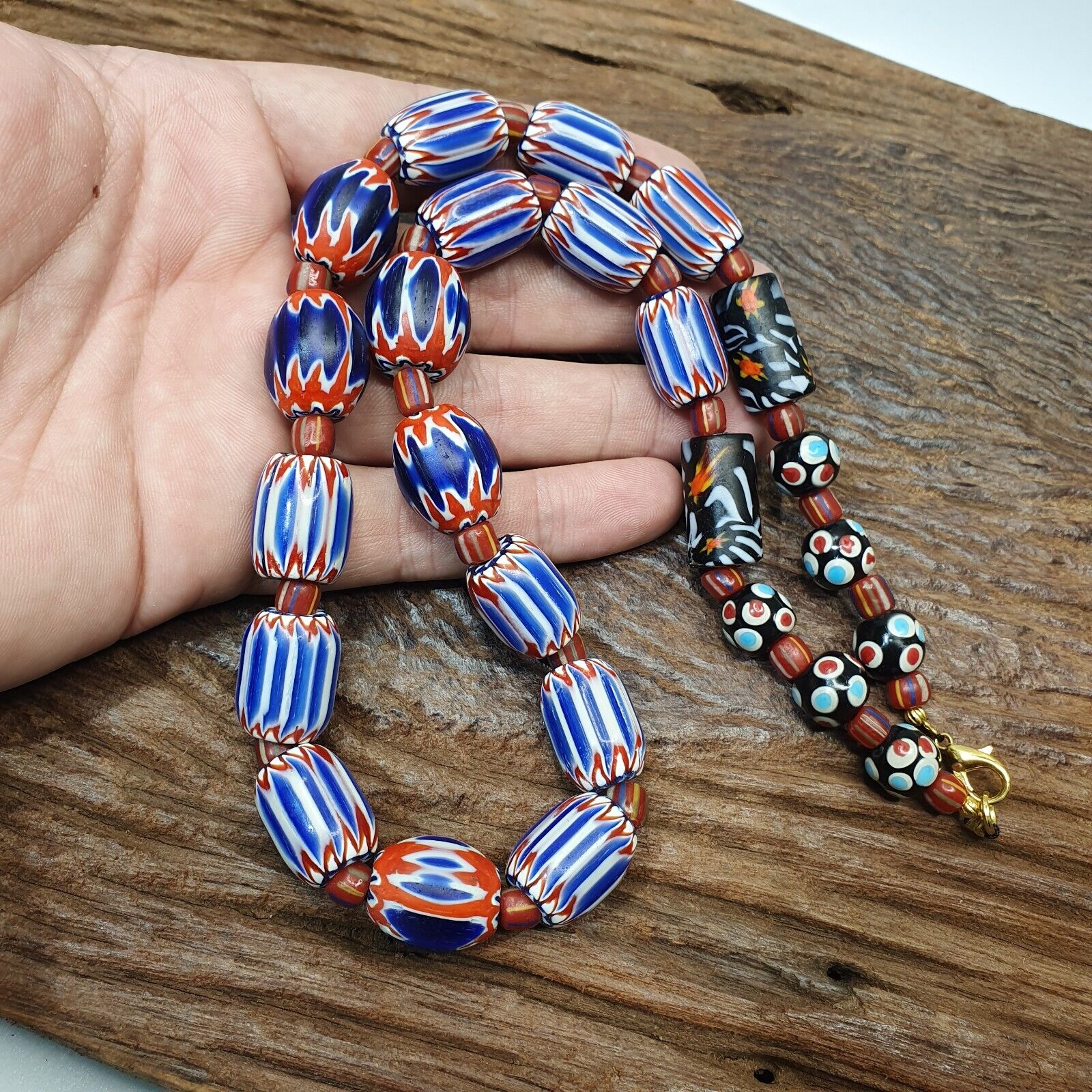 Antique Venetian inspired Trade African Blue Glass Chevron Beads Strand NCH-1B