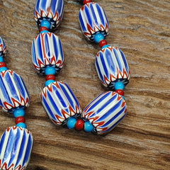 H-4B Vintage Venetian inspired Trade Blue Chevron and whiteheart Beads Strand