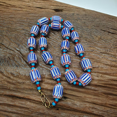 H-4B Vintage Venetian inspired Trade Blue Chevron and whiteheart Beads Strand