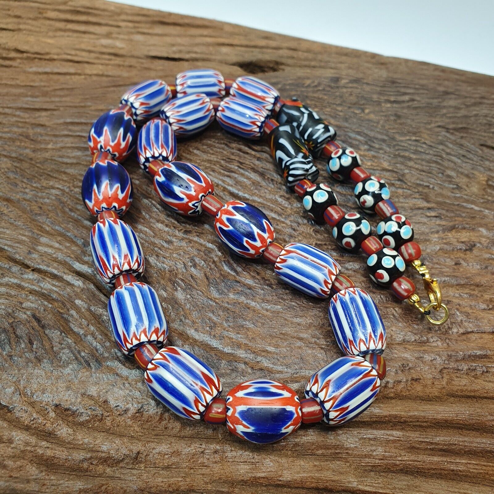 Antique Venetian inspired Trade African Blue Glass Chevron Beads Strand NCH-1B