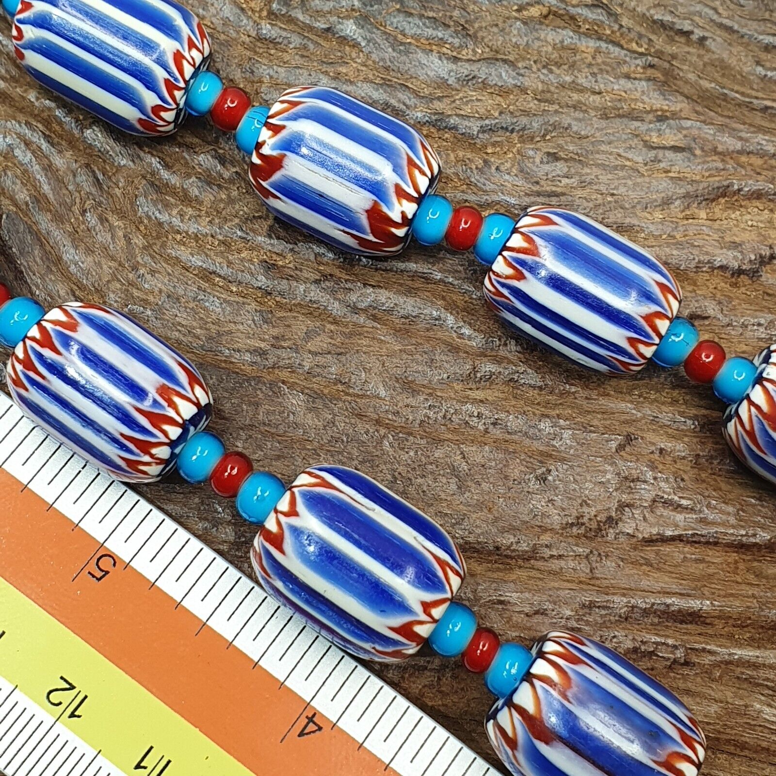 H-4B Vintage Venetian inspired Trade Blue Chevron and whiteheart Beads Strand
