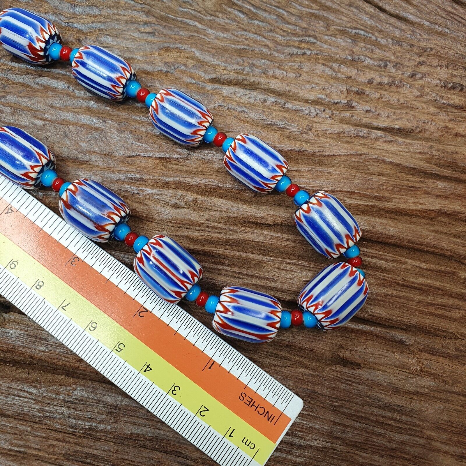 H-4B Vintage Venetian inspired Trade Blue Chevron and whiteheart Beads Strand