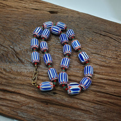 Vintage Venetian inspired Trade Blue Chevron jade and whiteheart Beads Strand