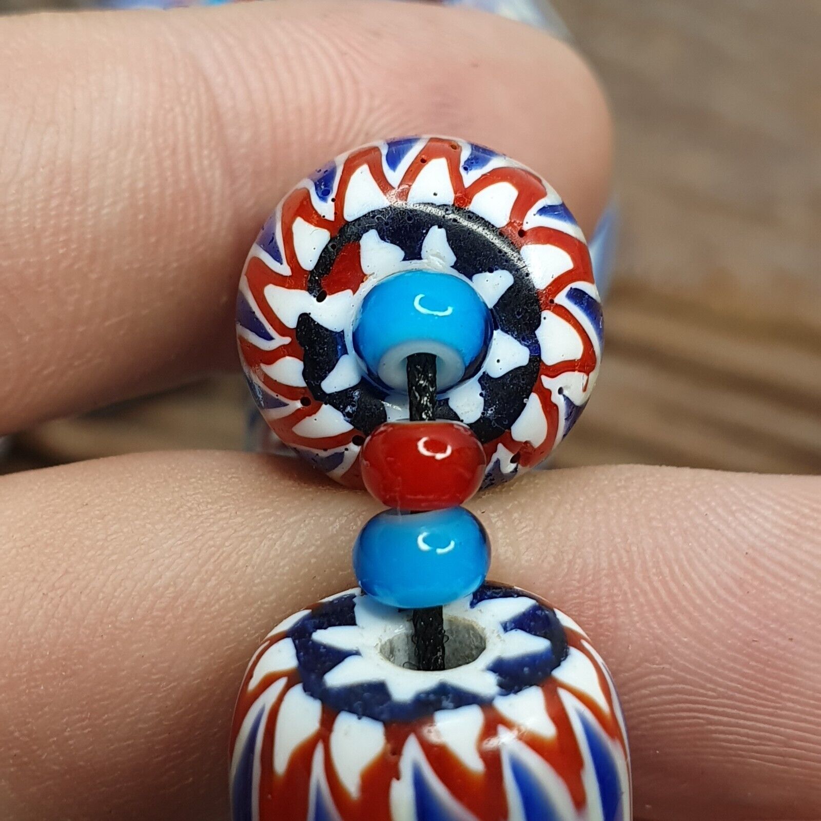 H-4B Vintage Venetian inspired Trade Blue Chevron and whiteheart Beads Strand