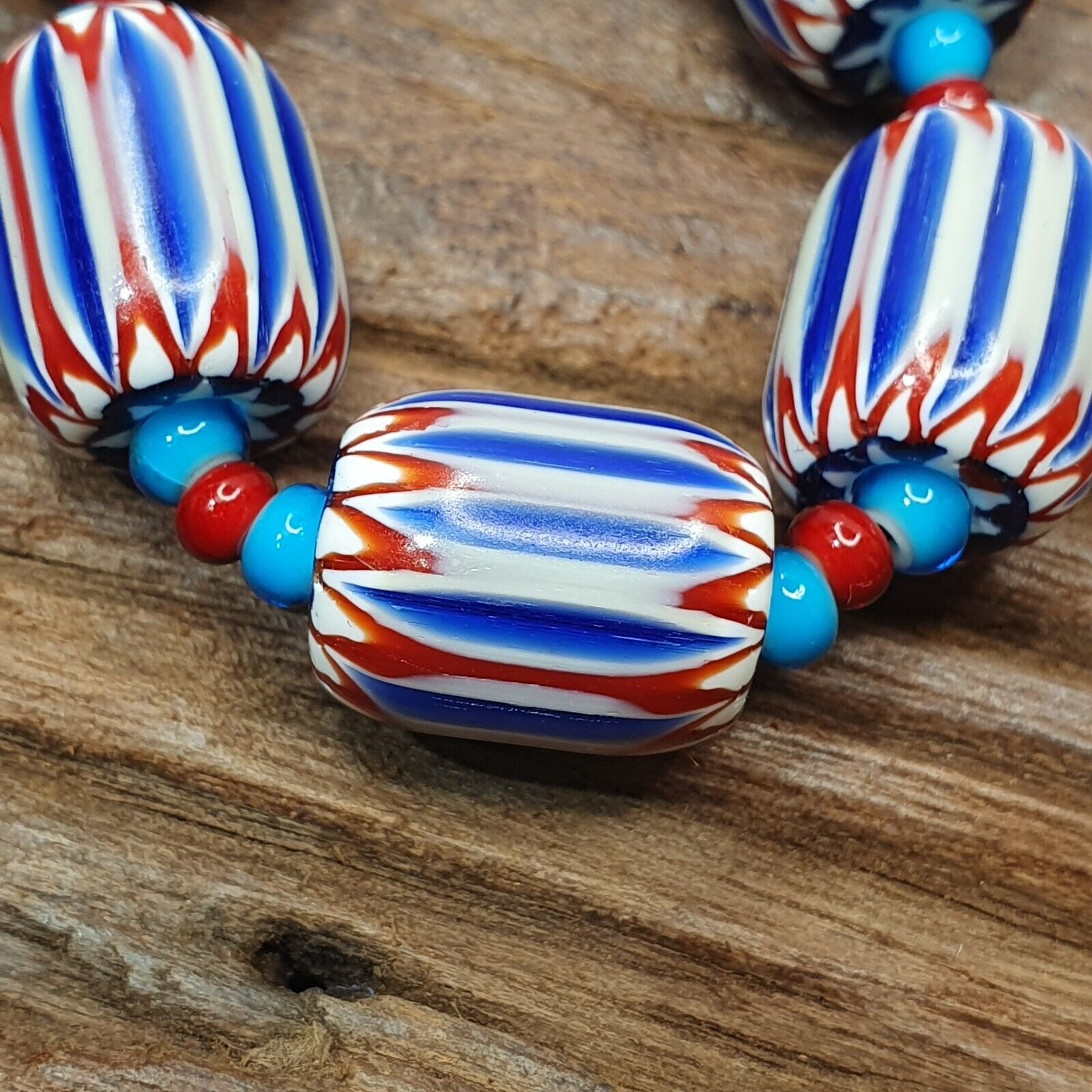 H-4B Vintage Venetian inspired Trade Blue Chevron and whiteheart Beads Strand