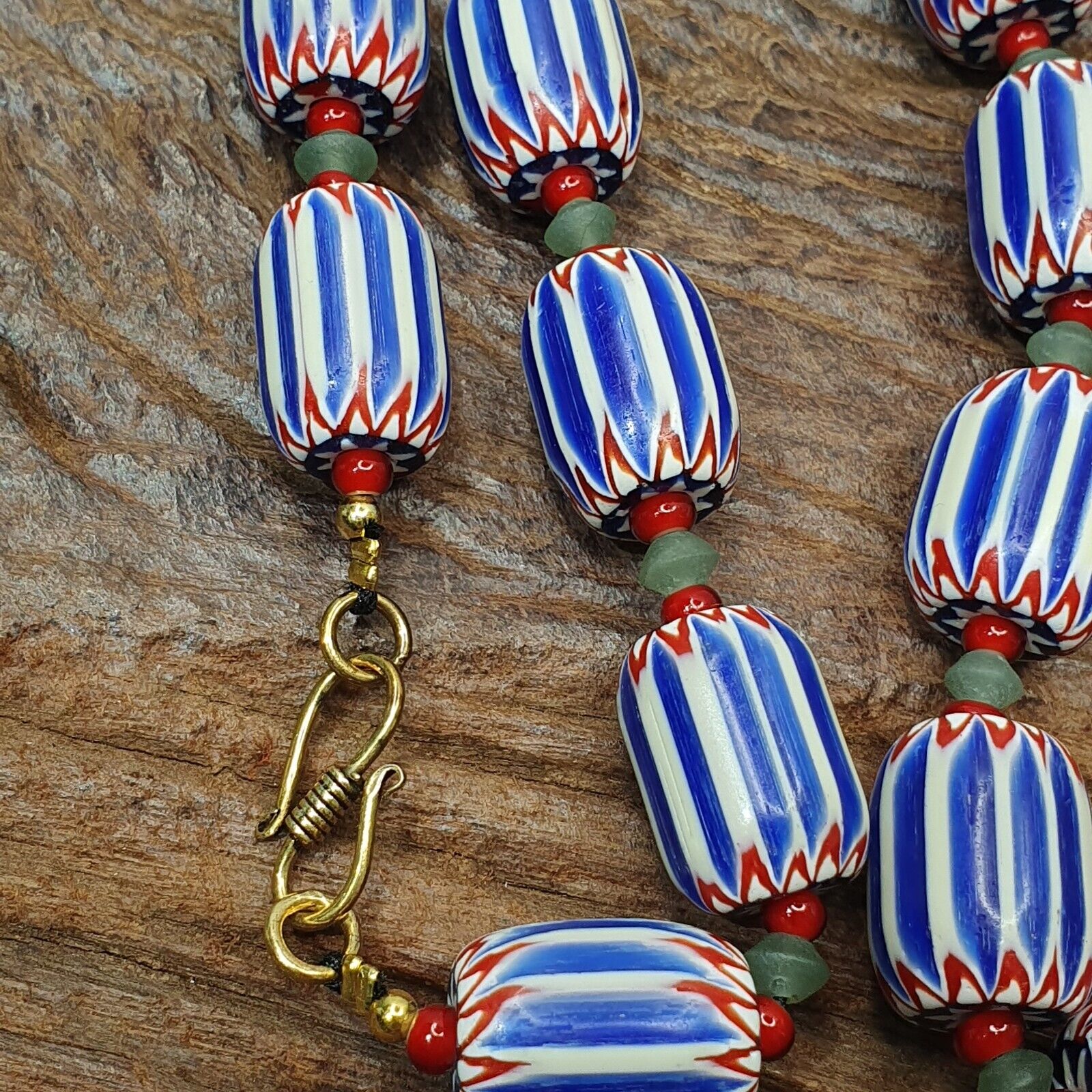 Vintage Venetian inspired Trade Blue Chevron jade and whiteheart Beads Strand