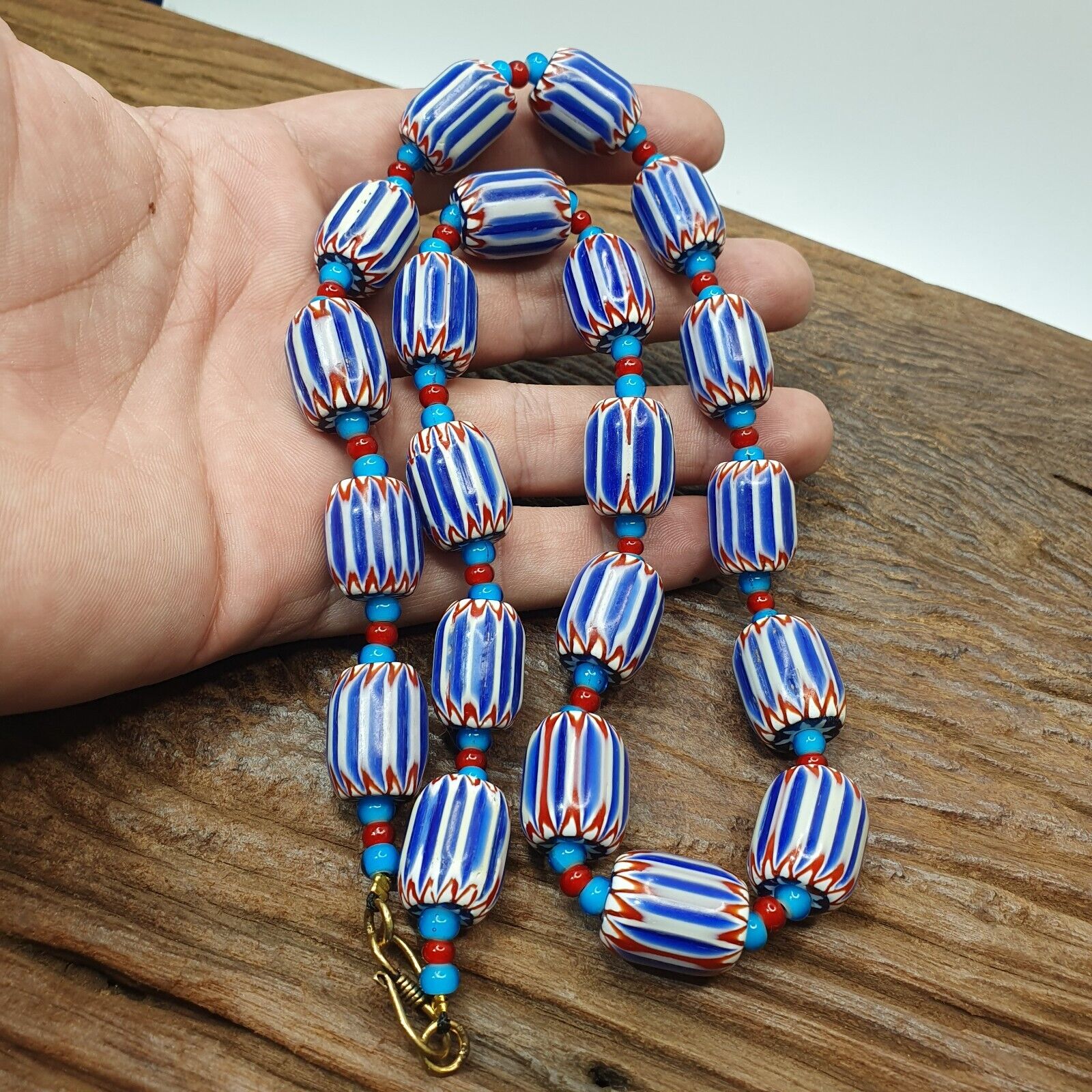 H-4B Vintage Venetian inspired Trade Blue Chevron and whiteheart Beads Strand