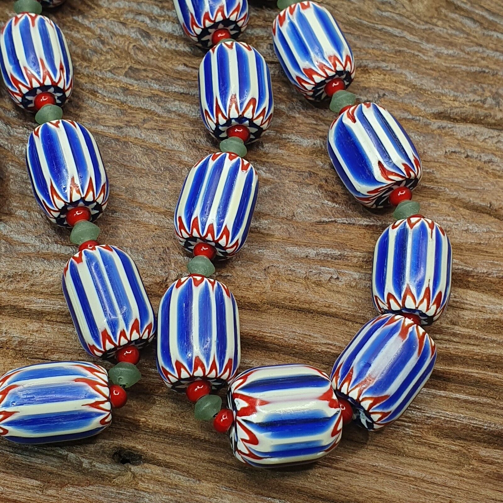 Vintage Venetian inspired Trade Blue Chevron jade and whiteheart Beads Strand