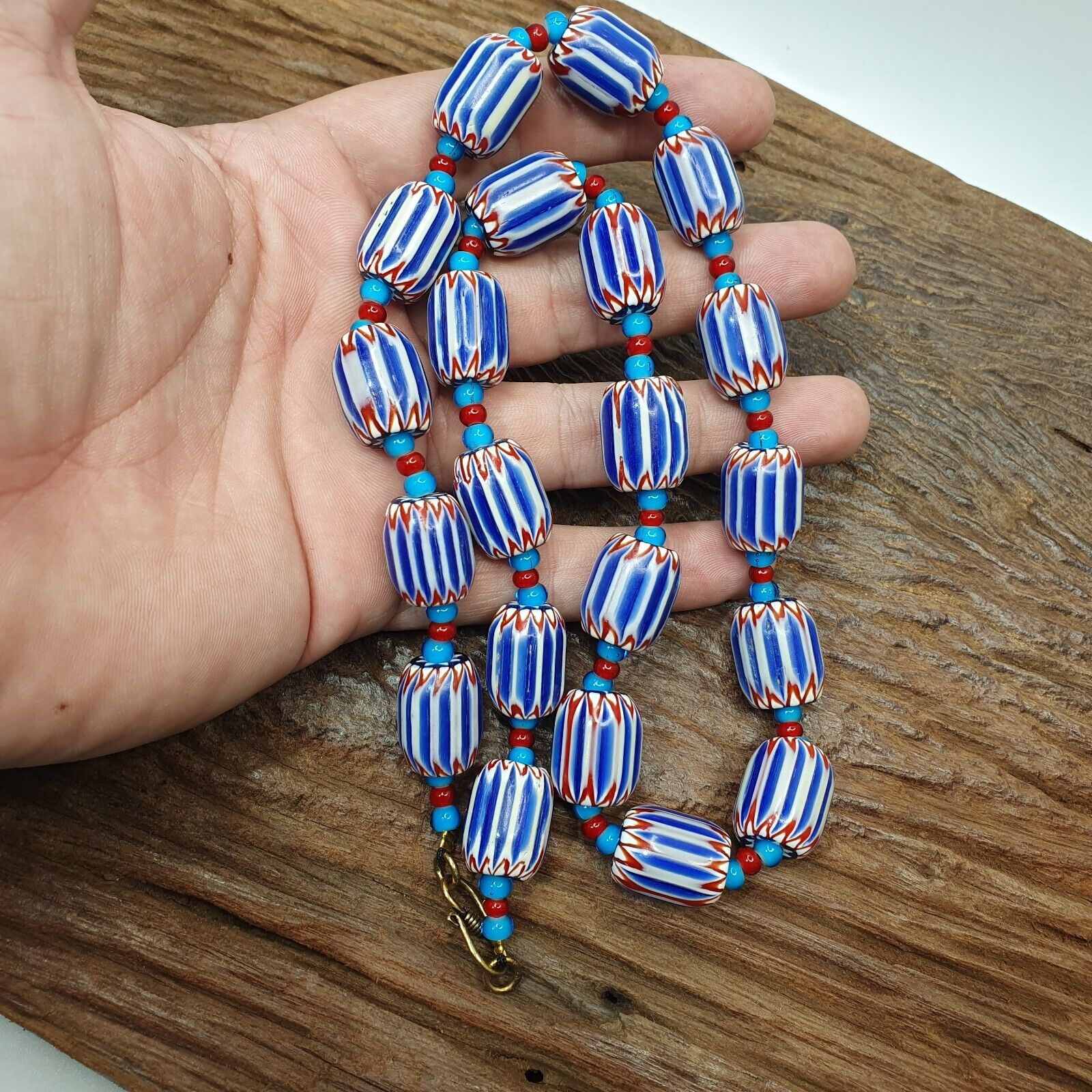 H-4B Vintage Venetian inspired Trade Blue Chevron and whiteheart Beads Strand