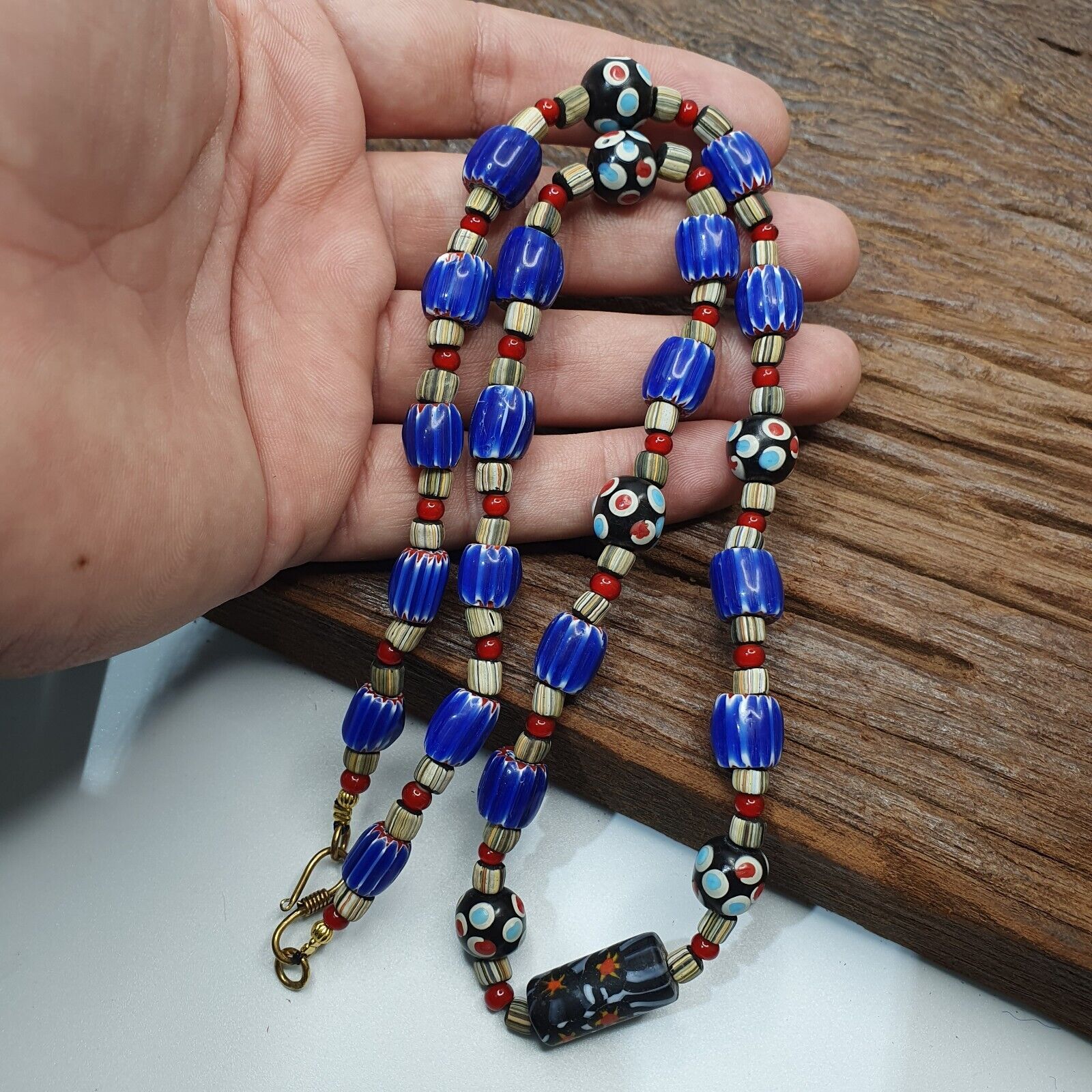 Vintage Venetian Style Trade Skunk Blue Chevron and jade Beads Strand H-9B