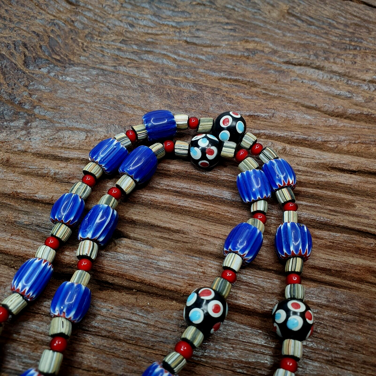 Vintage Venetian Style Trade Skunk Blue Chevron and jade Beads Strand H-9B