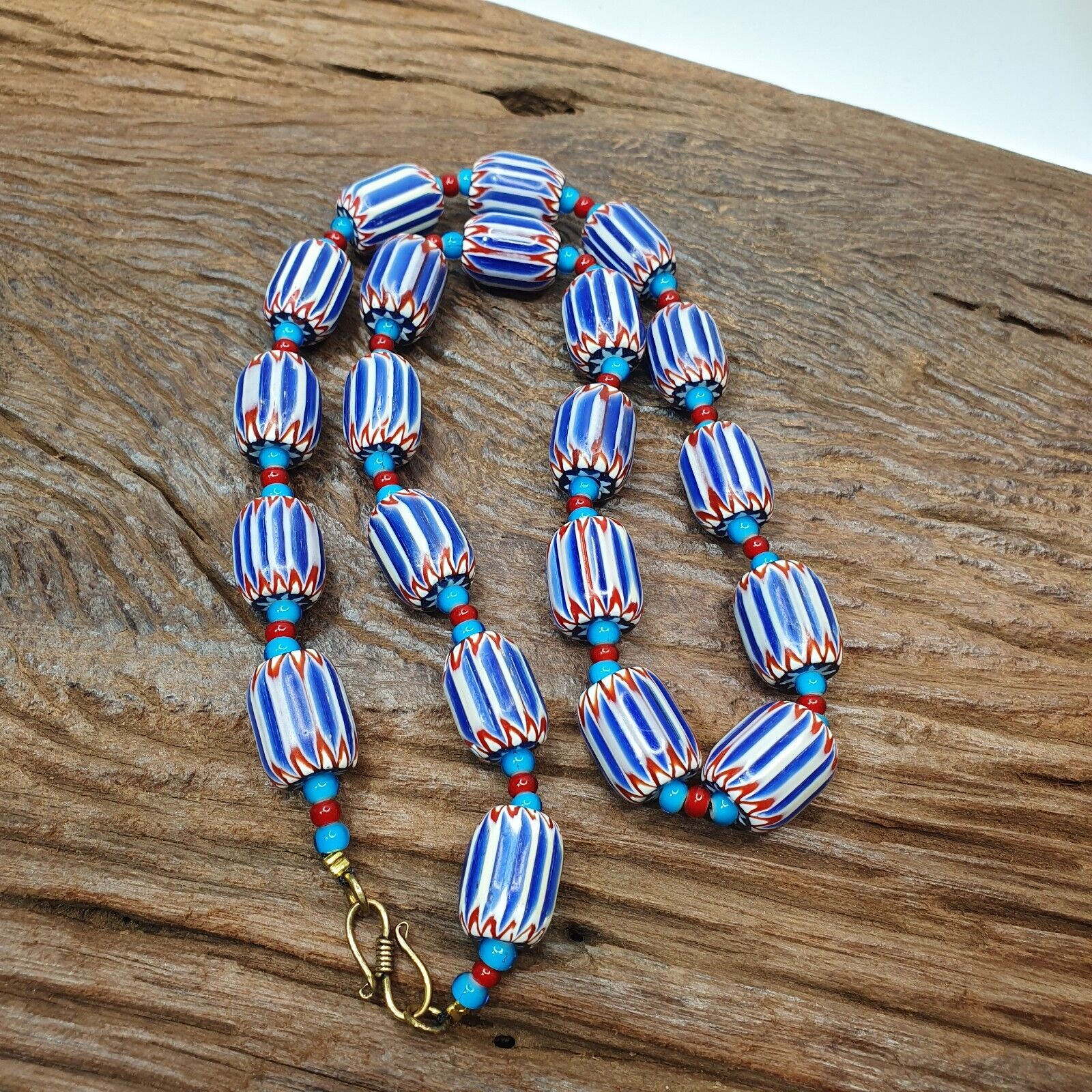 H-4B Vintage Venetian inspired Trade Blue Chevron and whiteheart Beads Strand