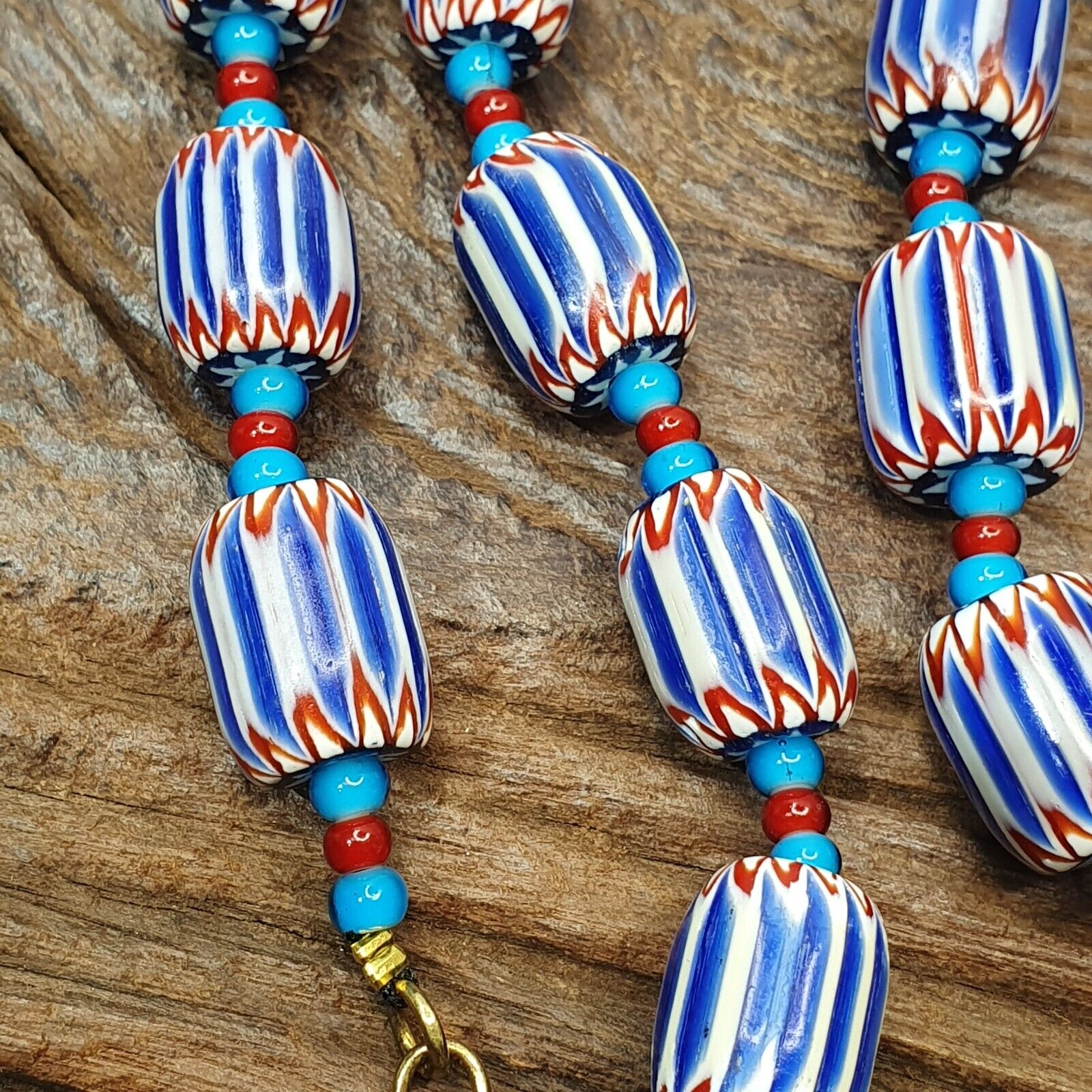 H-4B Vintage Venetian inspired Trade Blue Chevron and whiteheart Beads Strand