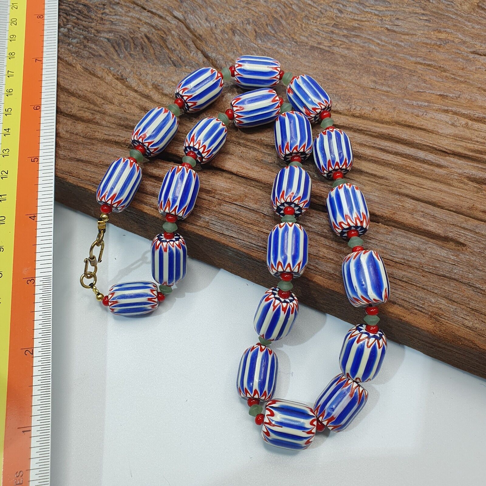 Vintage Venetian inspired Trade Blue Chevron jade and whiteheart Beads Strand