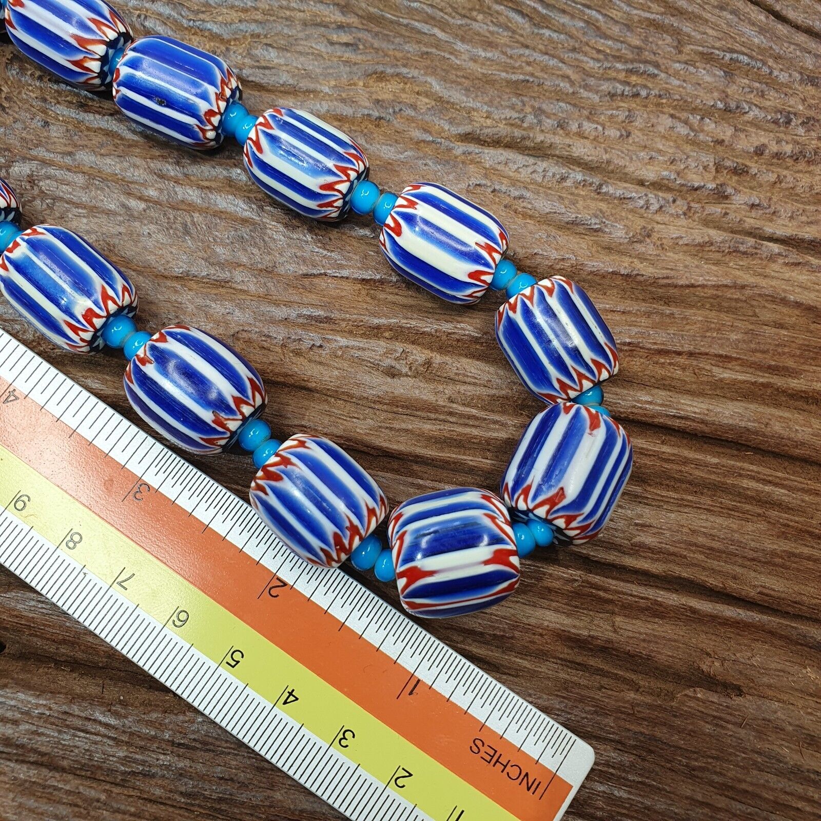 H-5B Vintage Venetian inspired Trade Blue Chevron and whiteheart Beads Strand