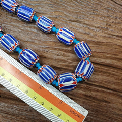 H-5B Vintage Venetian inspired Trade Blue Chevron and whiteheart Beads Strand