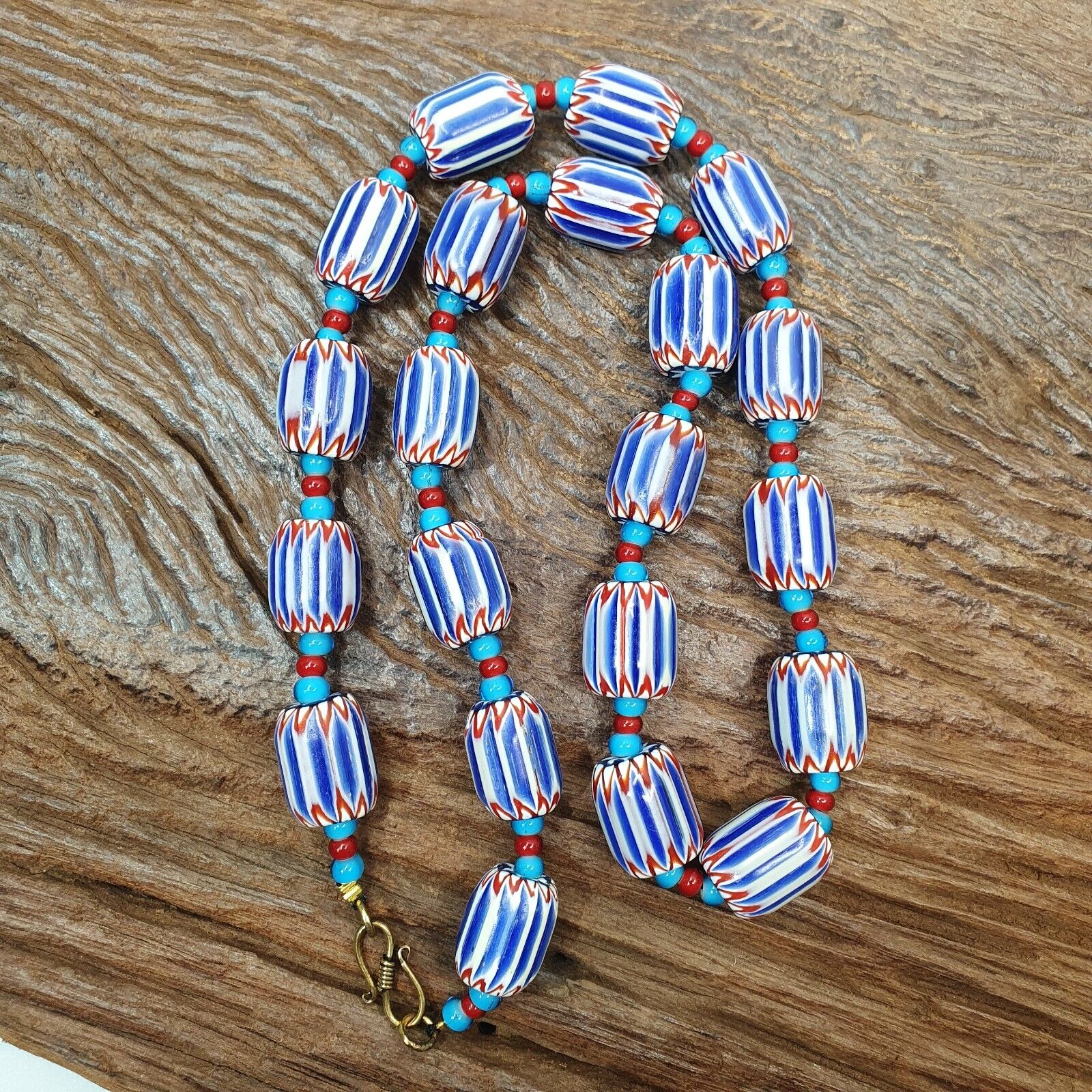 H-4B Vintage Venetian inspired Trade Blue Chevron and whiteheart Beads Strand