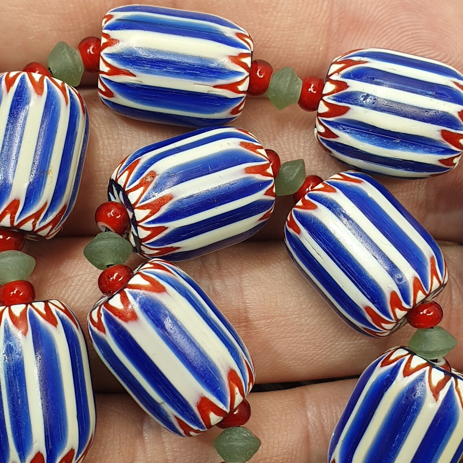 Vintage Venetian inspired Trade Blue Chevron jade and whiteheart Beads Strand