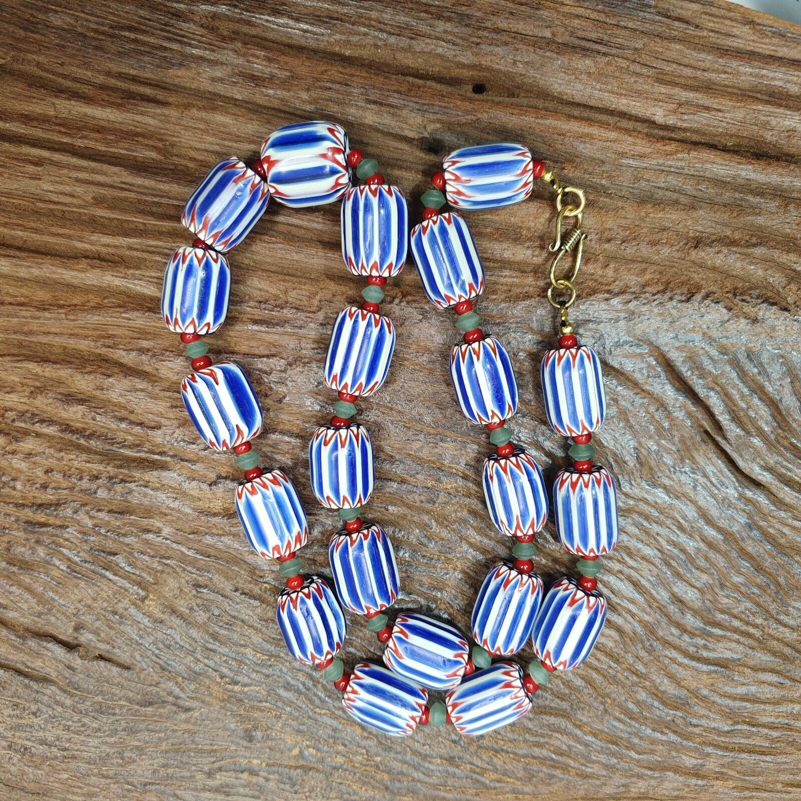 Vintage Venetian inspired Trade Blue Chevron jade and whiteheart Beads Strand