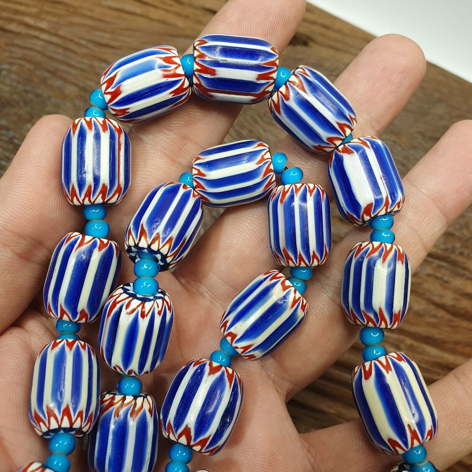 H-5B Vintage Venetian inspired Trade Blue Chevron and whiteheart Beads Strand