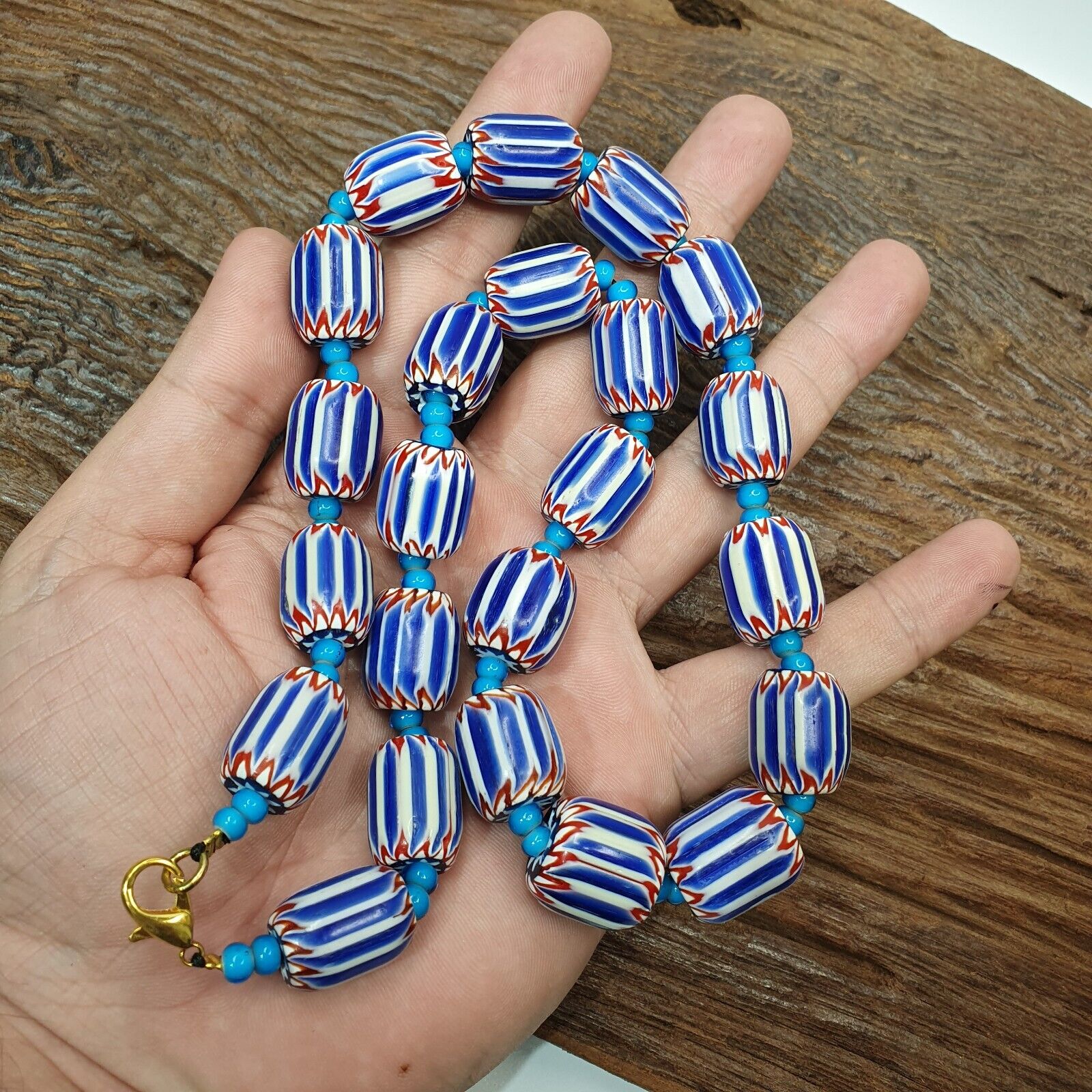 H-5B Vintage Venetian inspired Trade Blue Chevron and whiteheart Beads Strand