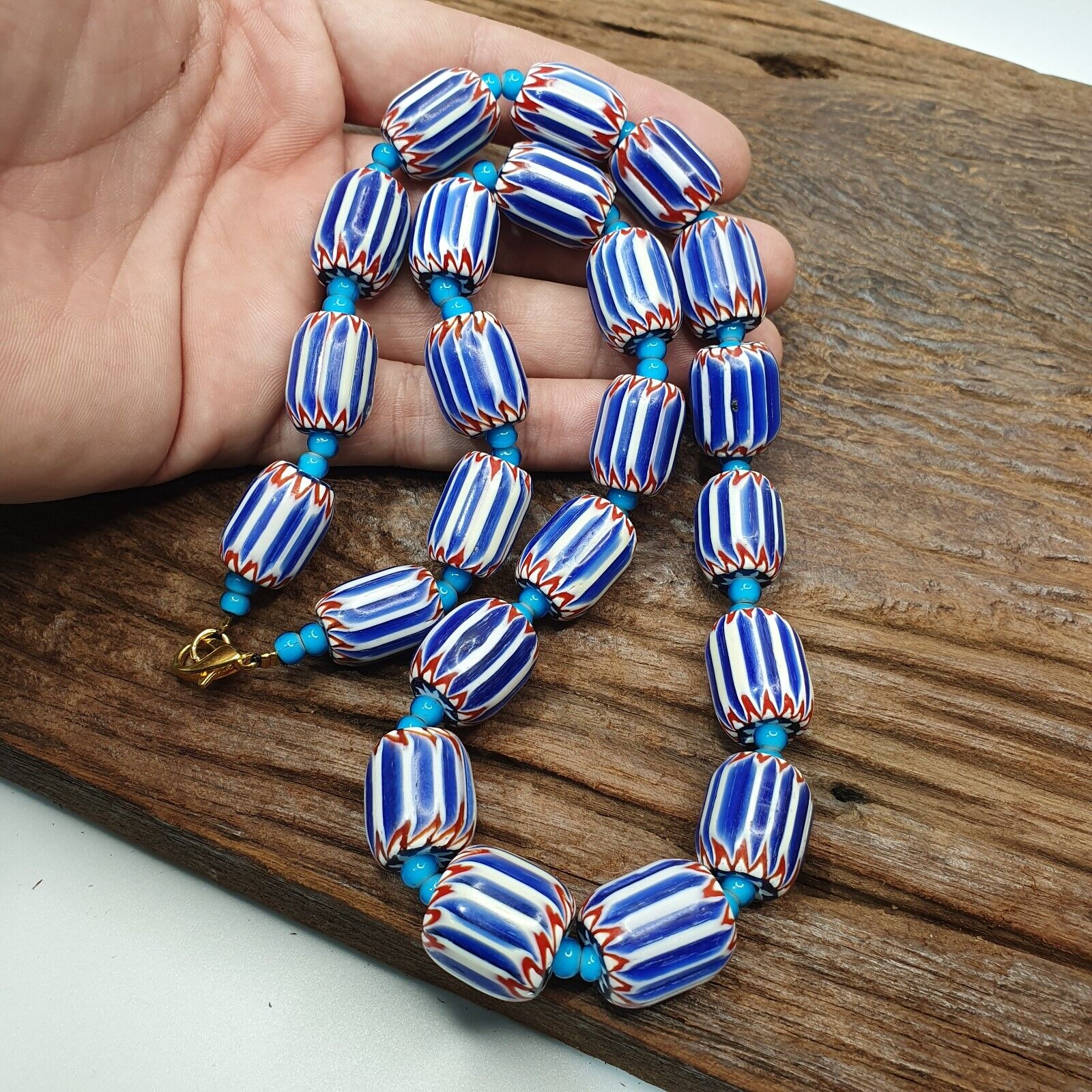 H-5B Vintage Venetian inspired Trade Blue Chevron and whiteheart Beads Strand