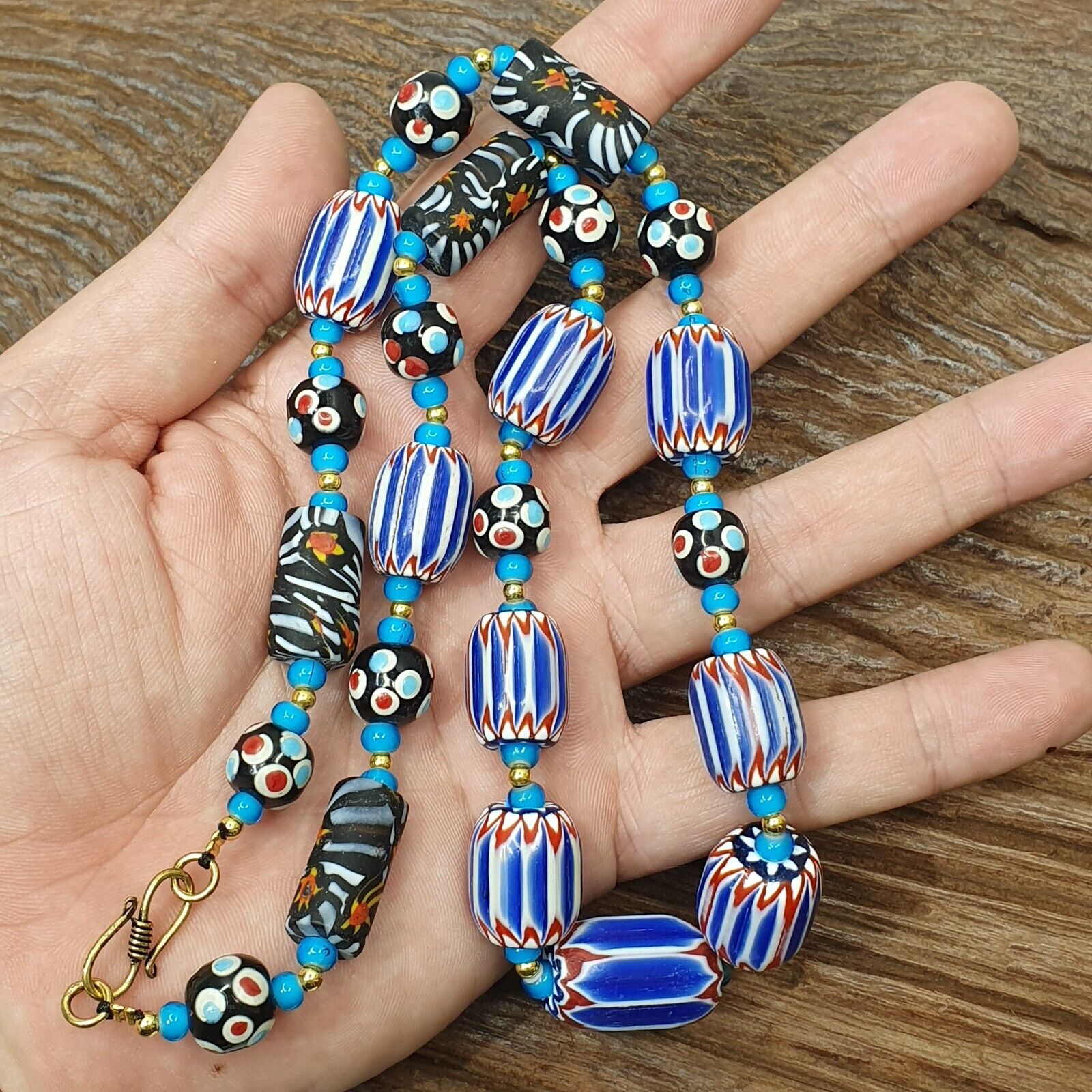 Venetian inspired Trade Skunk Blue Chevron and whiteheart Beads Strand H-2B