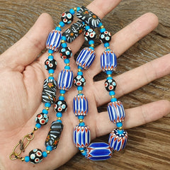 Venetian inspired Trade Skunk Blue Chevron and whiteheart Beads Strand H-2B