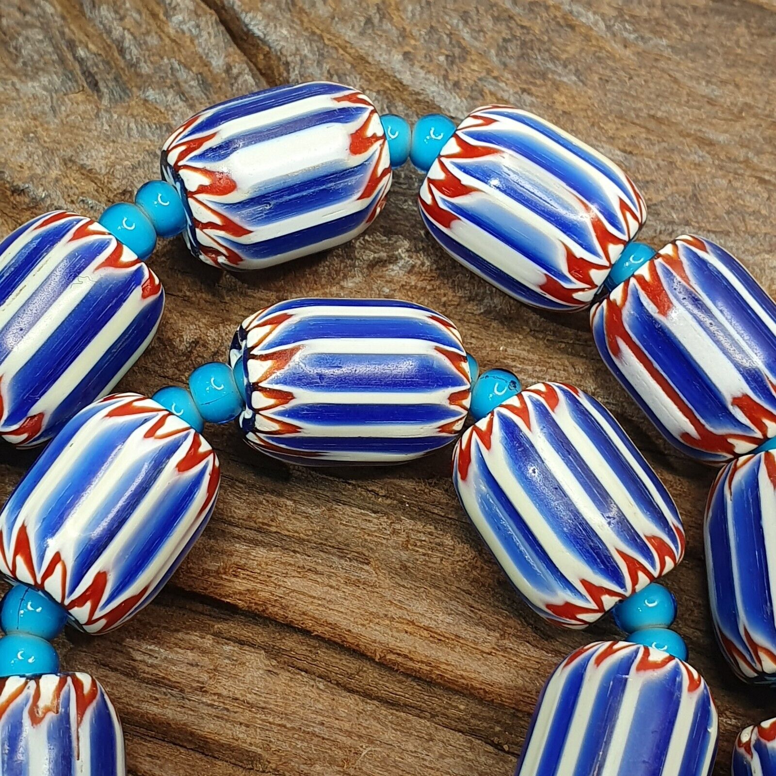 H-5B Vintage Venetian inspired Trade Blue Chevron and whiteheart Beads Strand