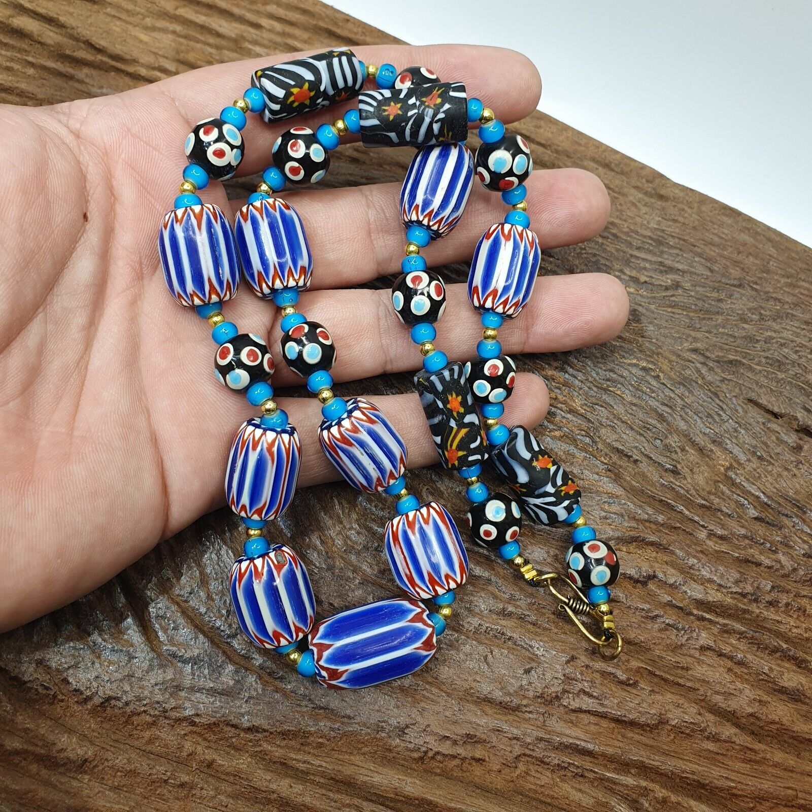 Venetian inspired Trade Skunk Blue Chevron and whiteheart Beads Strand H-2B