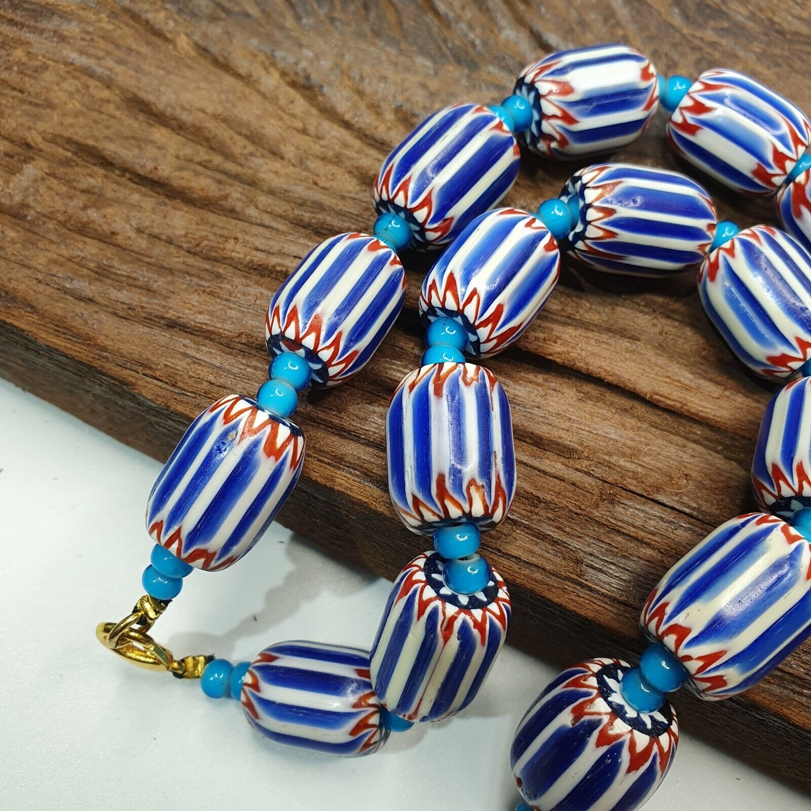 H-5B Vintage Venetian inspired Trade Blue Chevron and whiteheart Beads Strand