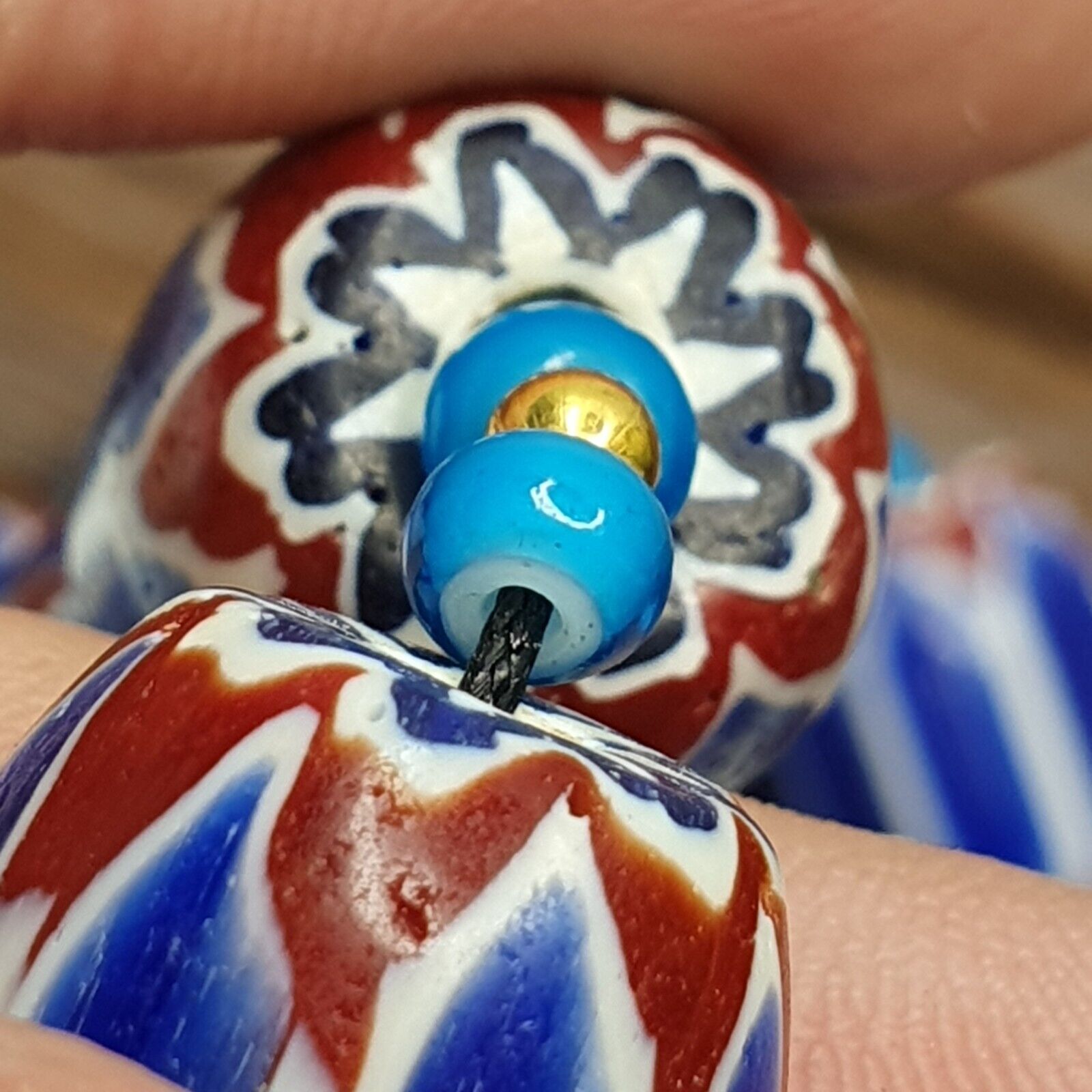 H-3B Venetian inspired Trade Blue Chevron and whiteheart Beads Strand
