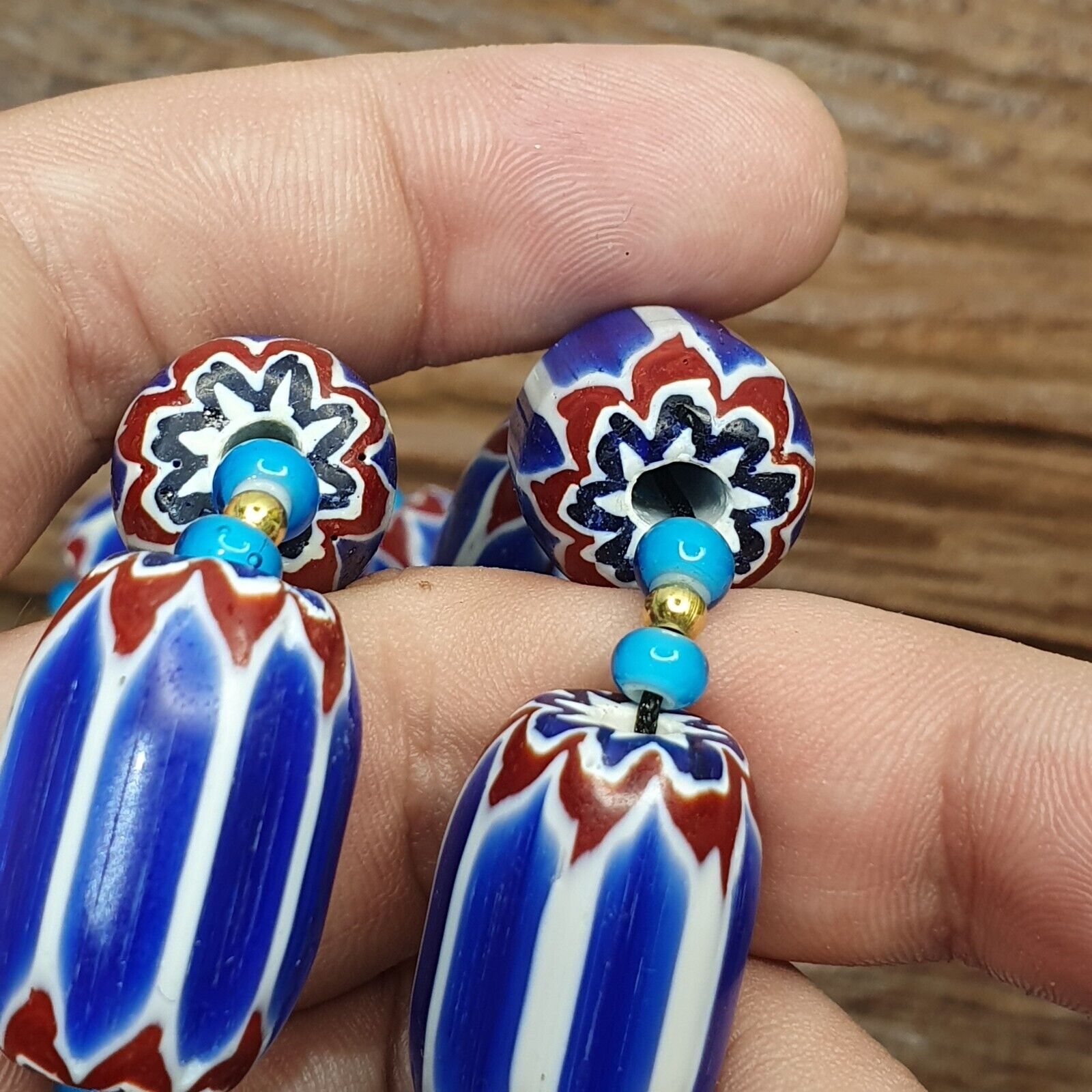 H-3B Venetian inspired Trade Blue Chevron and whiteheart Beads Strand