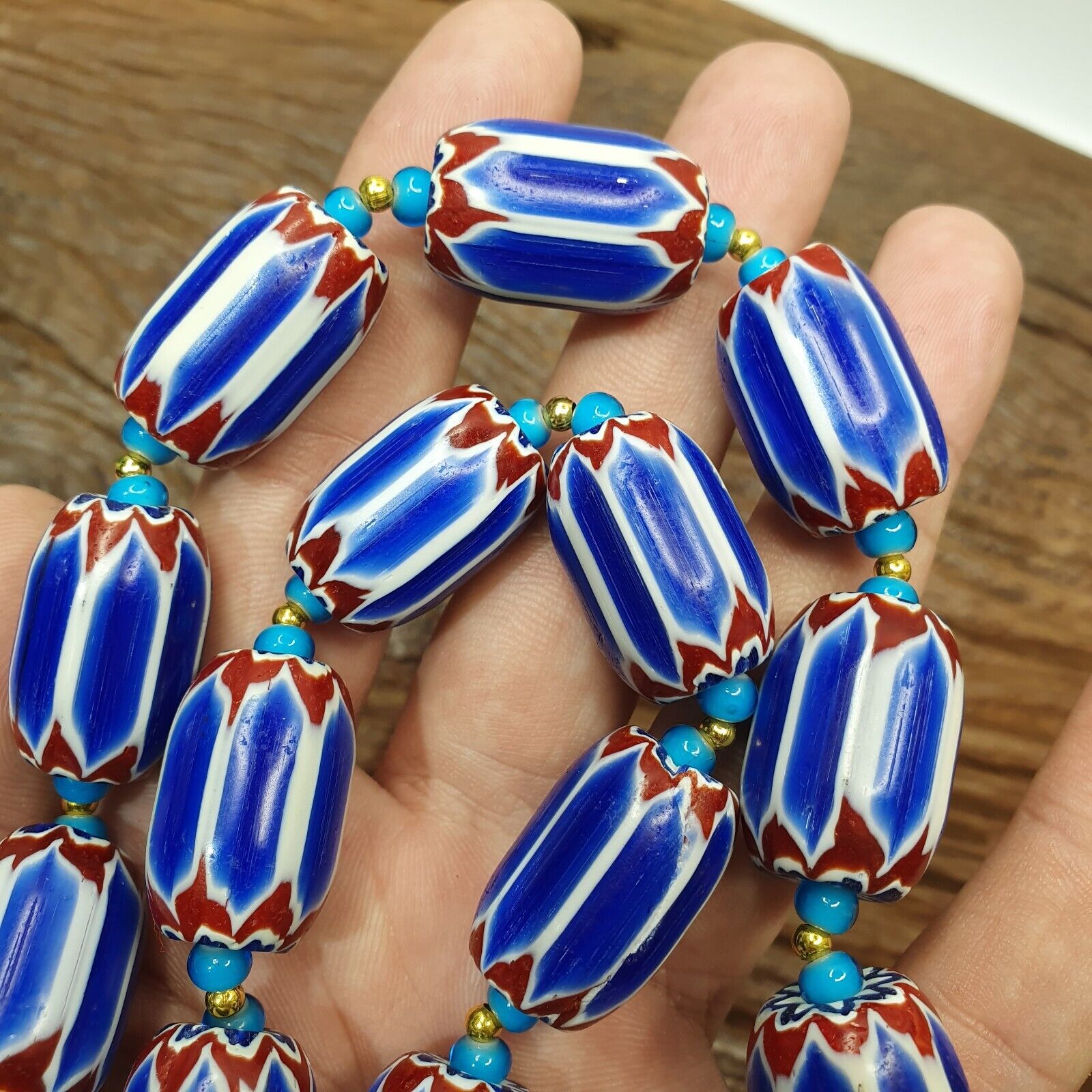H-3B Venetian inspired Trade Blue Chevron and whiteheart Beads Strand