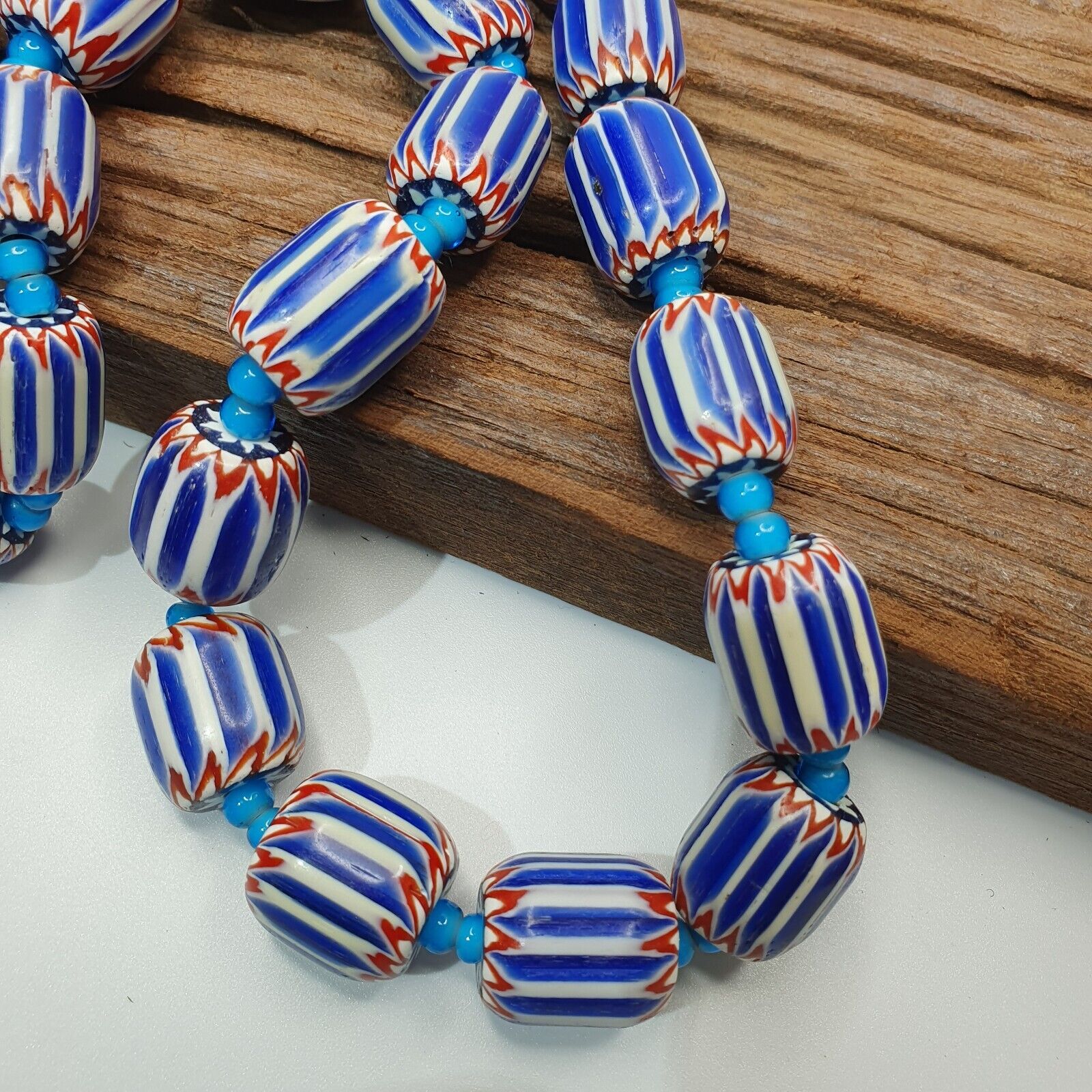 H-5B Vintage Venetian inspired Trade Blue Chevron and whiteheart Beads Strand