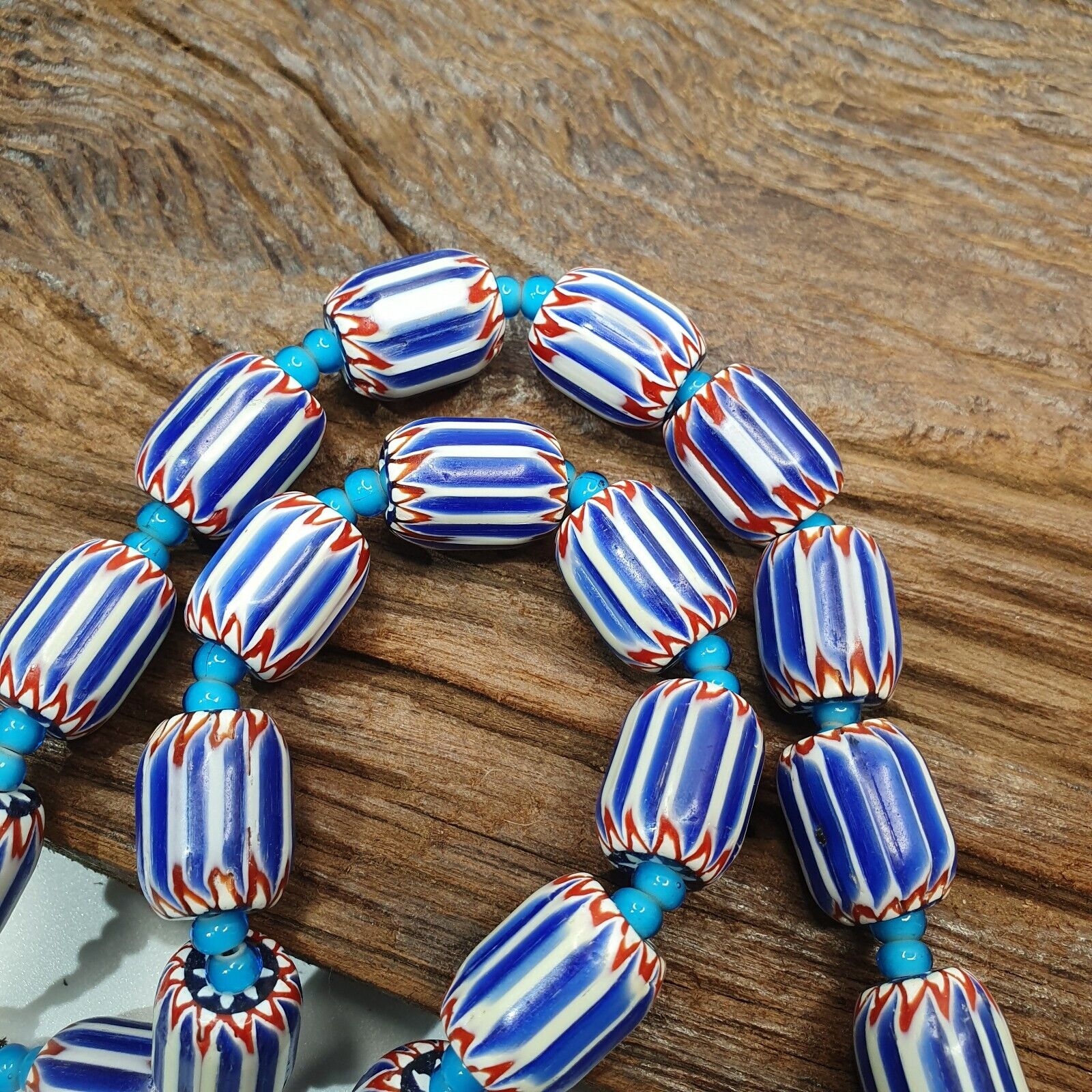 H-5B Vintage Venetian inspired Trade Blue Chevron and whiteheart Beads Strand