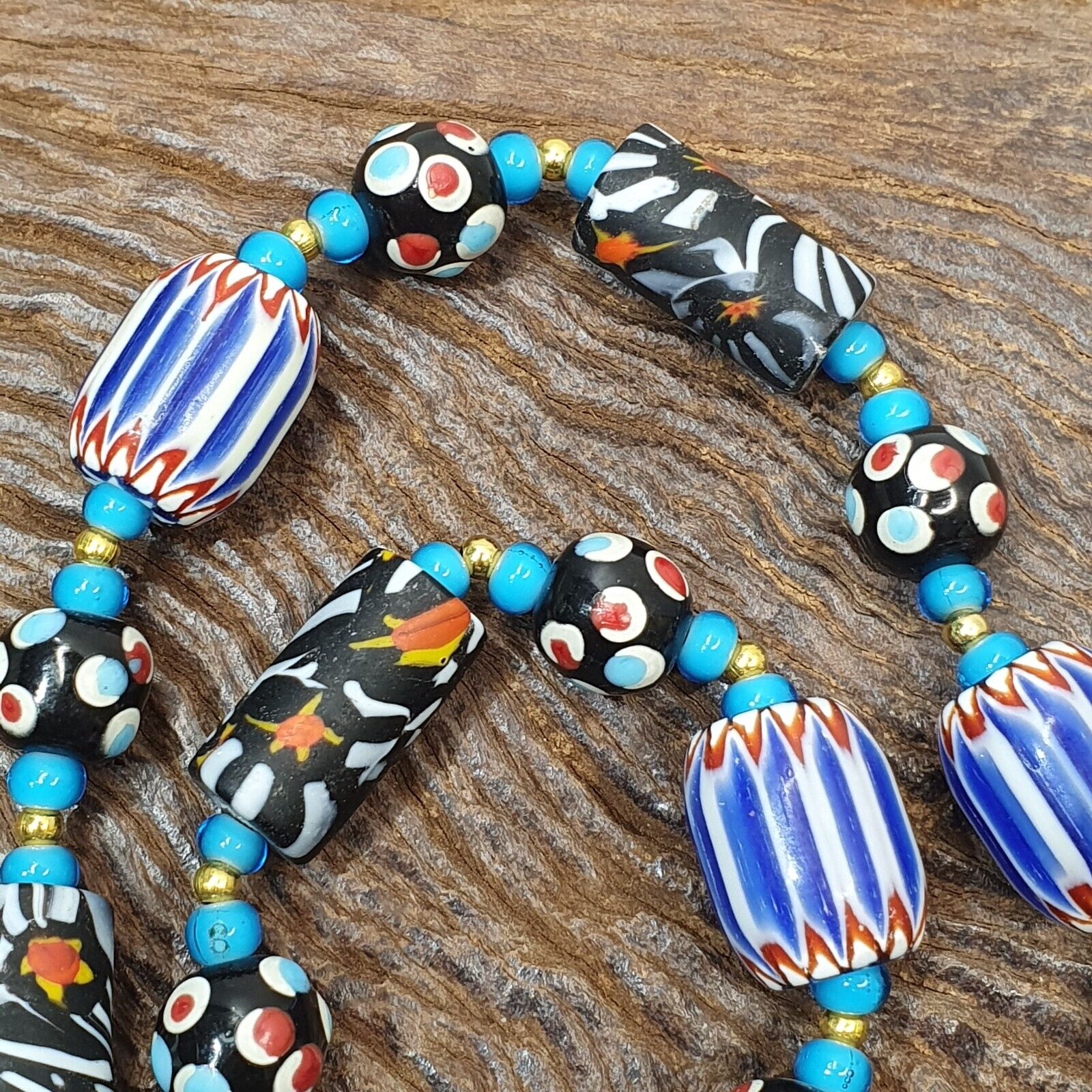 Venetian inspired Trade Skunk Blue Chevron and whiteheart Beads Strand H-2B