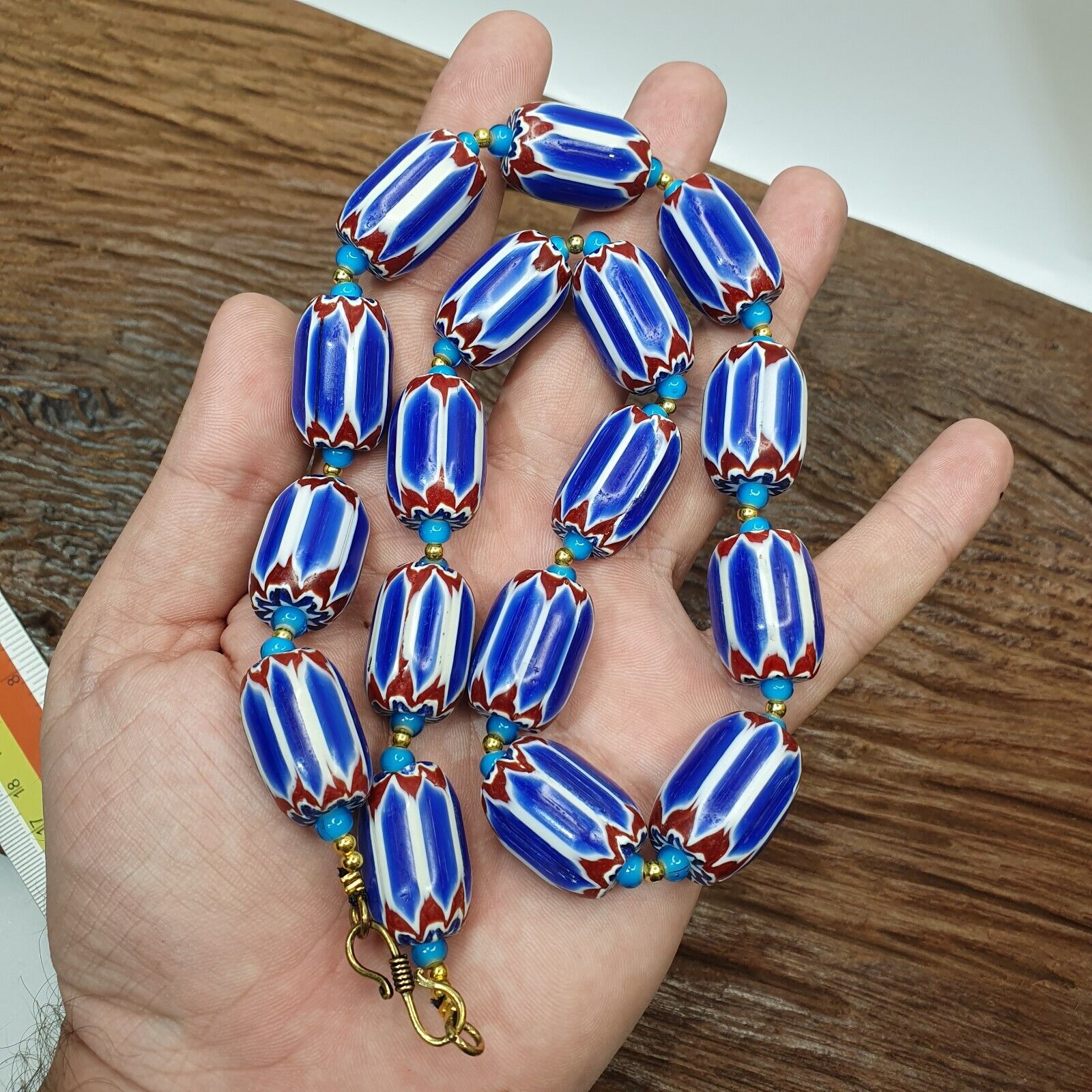 H-3B Venetian inspired Trade Blue Chevron and whiteheart Beads Strand